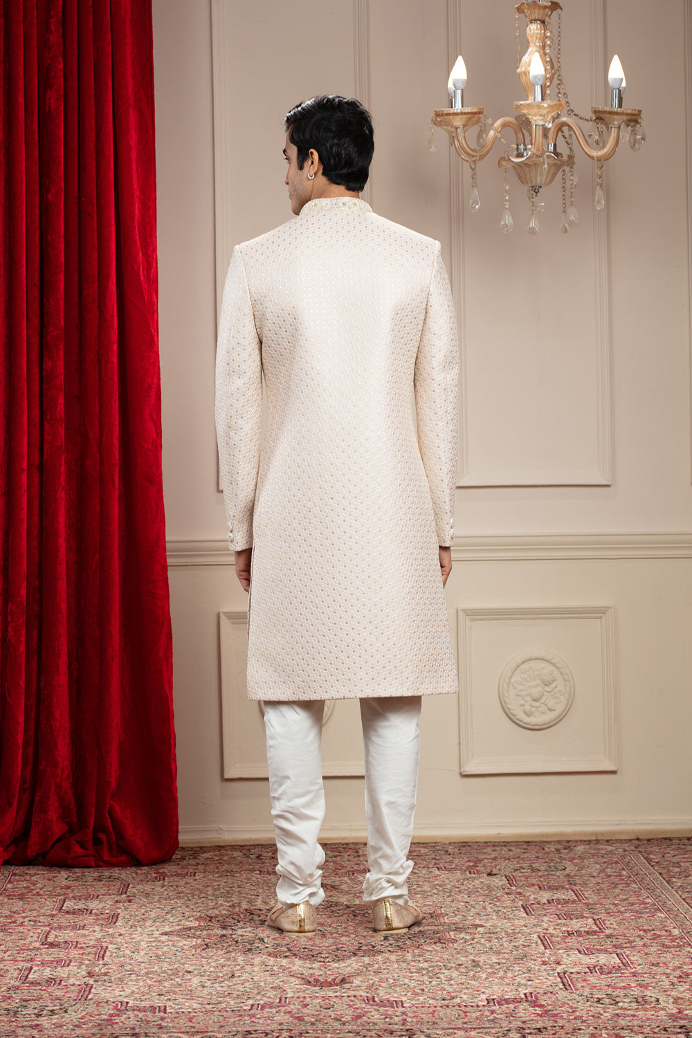 Porcelain White Lucknowi Sherwani With Matching Dupatta And Embellishments