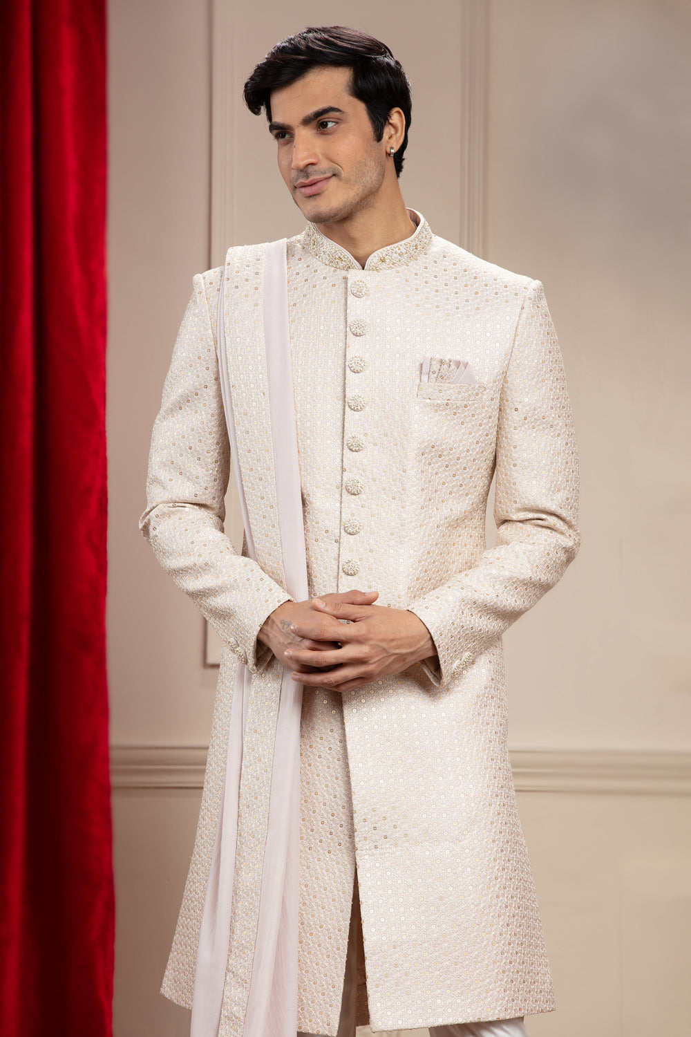 Porcelain White Lucknowi Sherwani With Matching Dupatta And Embellishments