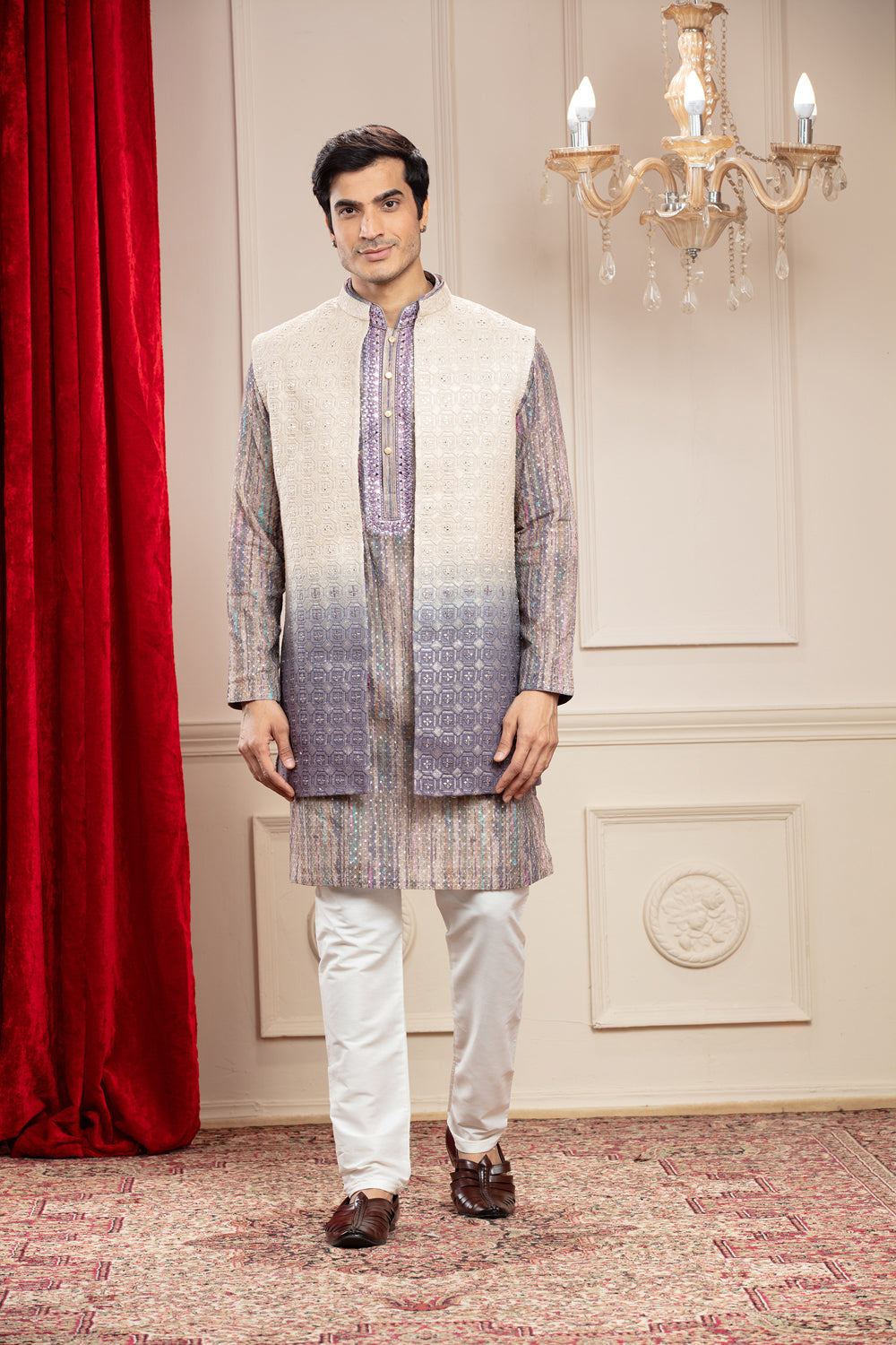 Dove Grey Tie Die Printed Lucknowi Open Kurta Jacket Set