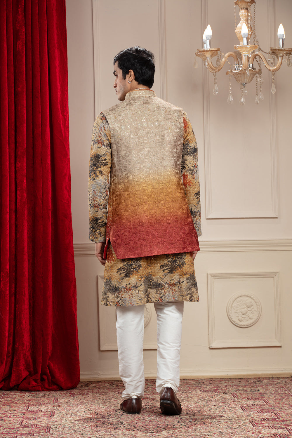 Multicoloured Tie Die Printed Lucknowi Open Kurta Jacket Set