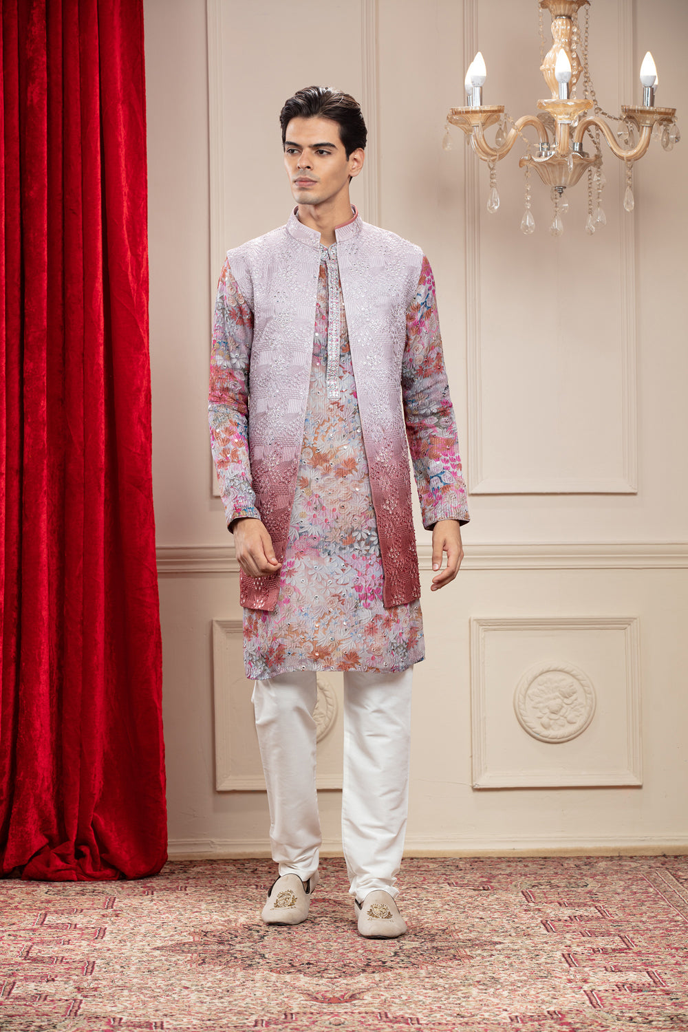 Brick Red And Silverish Grey Tie Die Lucknowi Printed Open Indo Western Set With Thread And Resham Work