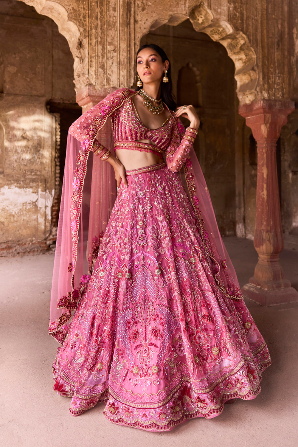 "Ilianna" Pink And Red Floral Hand Embroidered Organza Lehenga Set