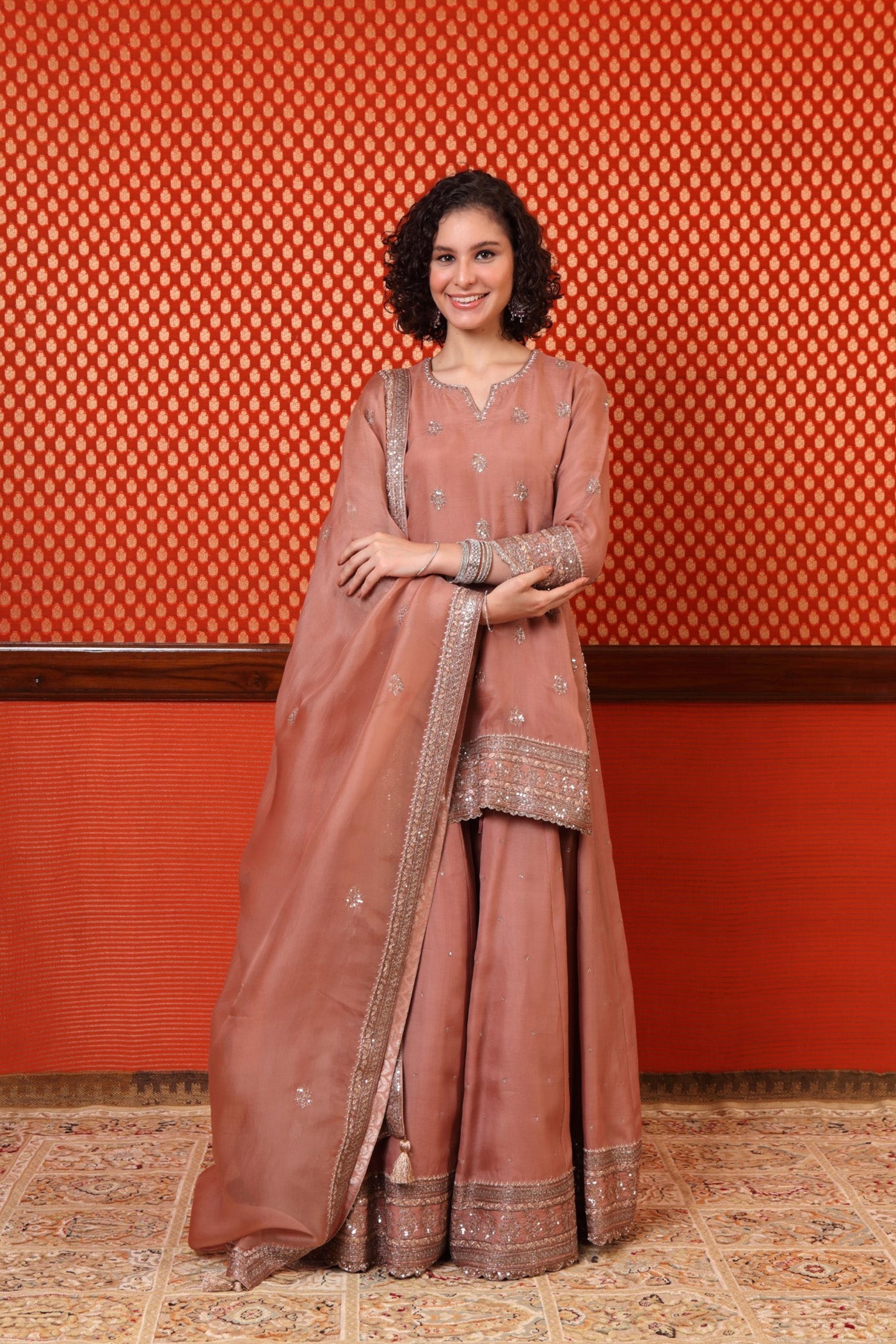 Hand Embroidered Pine Green Pure Katan Silk Kurta Pants Set