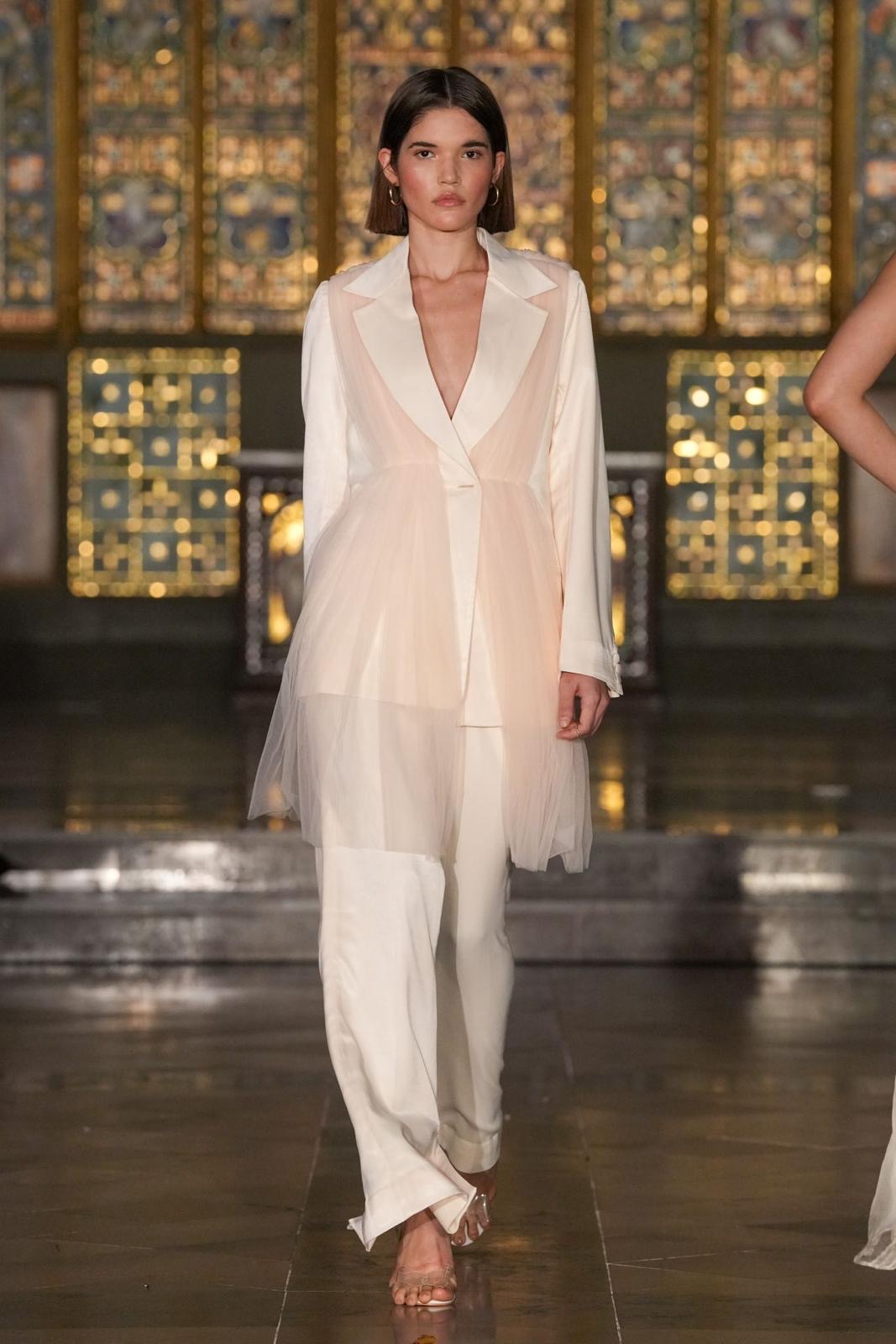 Sleek Satin Harmony Pants | Peach Designer Trousers with Net Drape