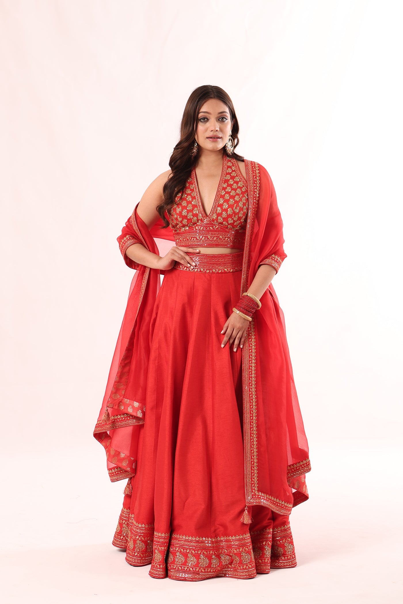 Tomato-Red Hand-Embroidered Pure Raw-Silk Lehenga-Blouse-Dupatta Set