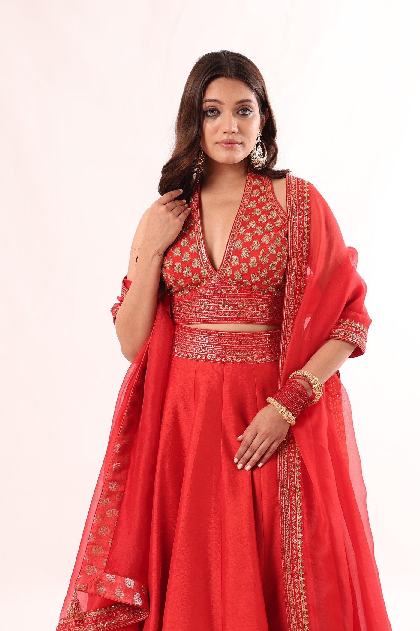 Tomato-Red Hand-Embroidered Pure Raw-Silk Lehenga-Blouse-Dupatta Set