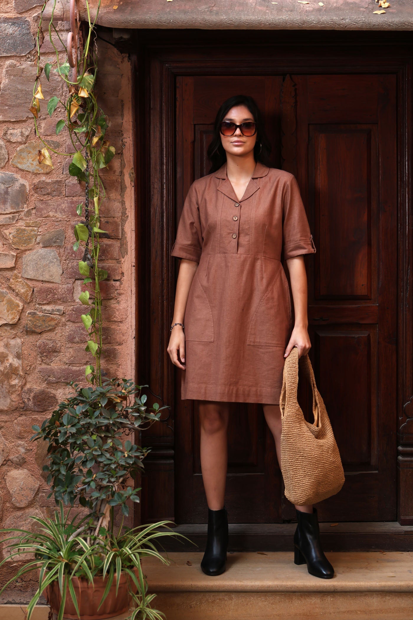 Brown Pure Linen-Cotton Collared Short Dress With Coconut Buttons & Front Pockets