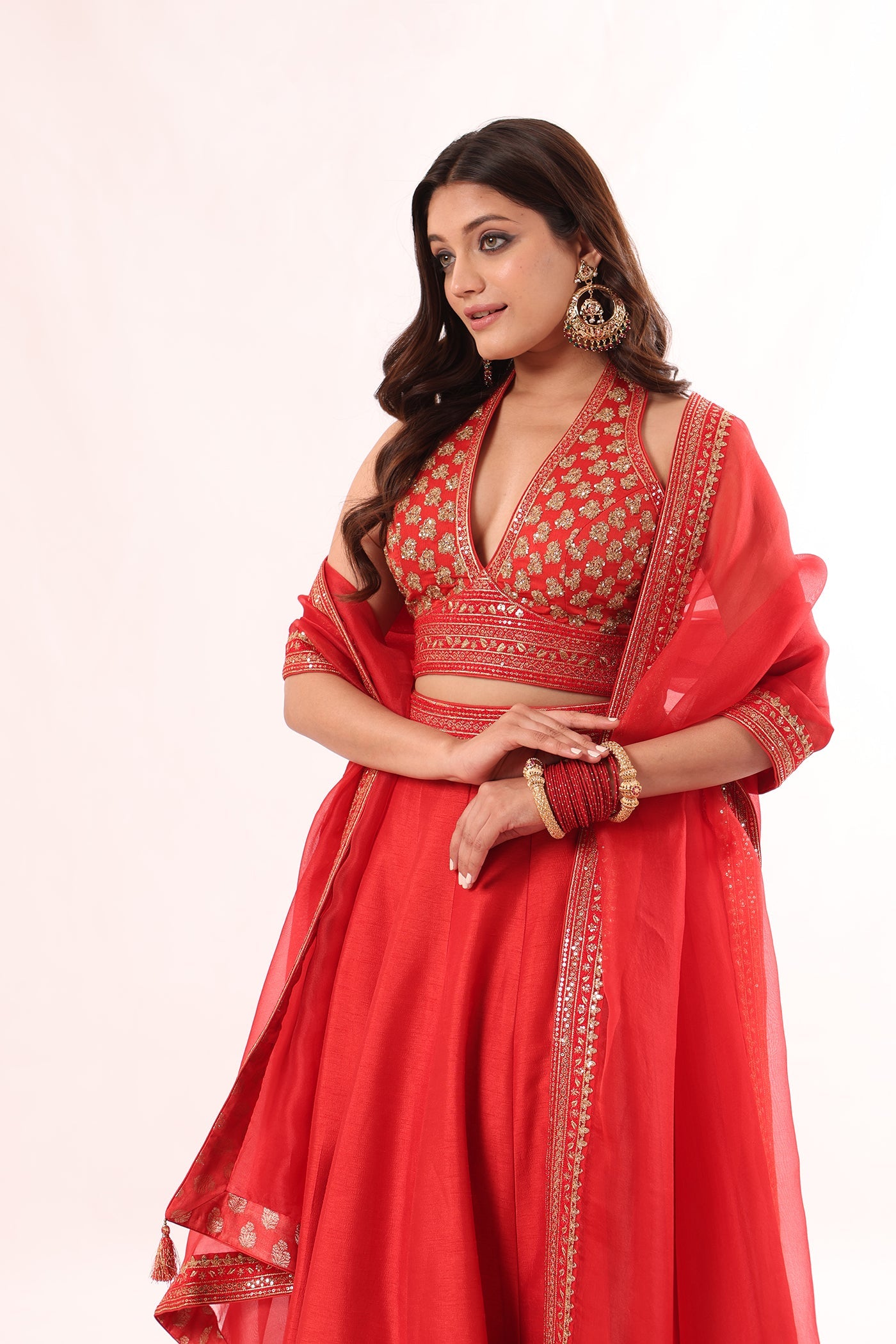 Tomato-Red Hand-Embroidered Pure Raw-Silk Lehenga-Blouse-Dupatta Set