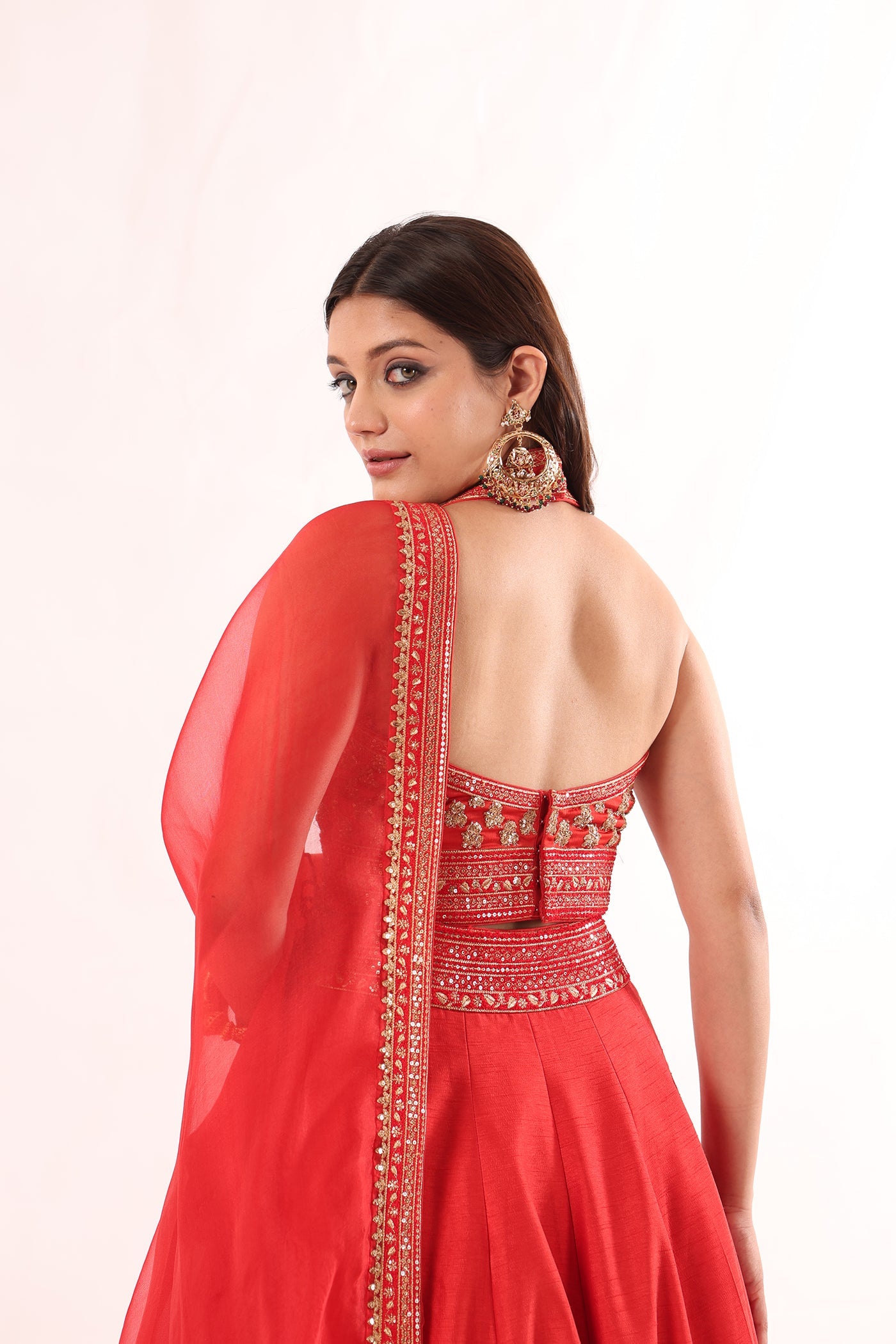 Tomato-Red Hand-Embroidered Pure Raw-Silk Lehenga-Blouse-Dupatta Set