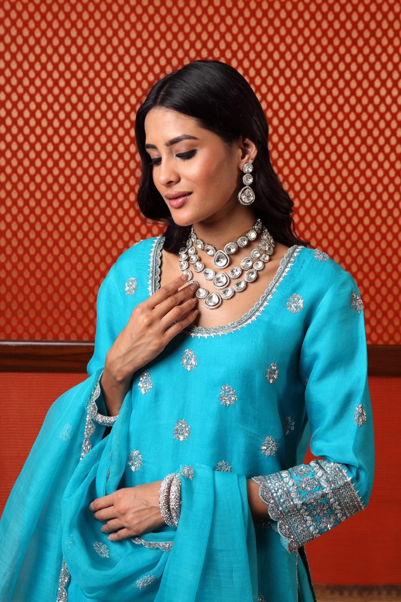 Hand Embroidered Sea Blue Pure Silk Organza Short Kurta Sharara Set