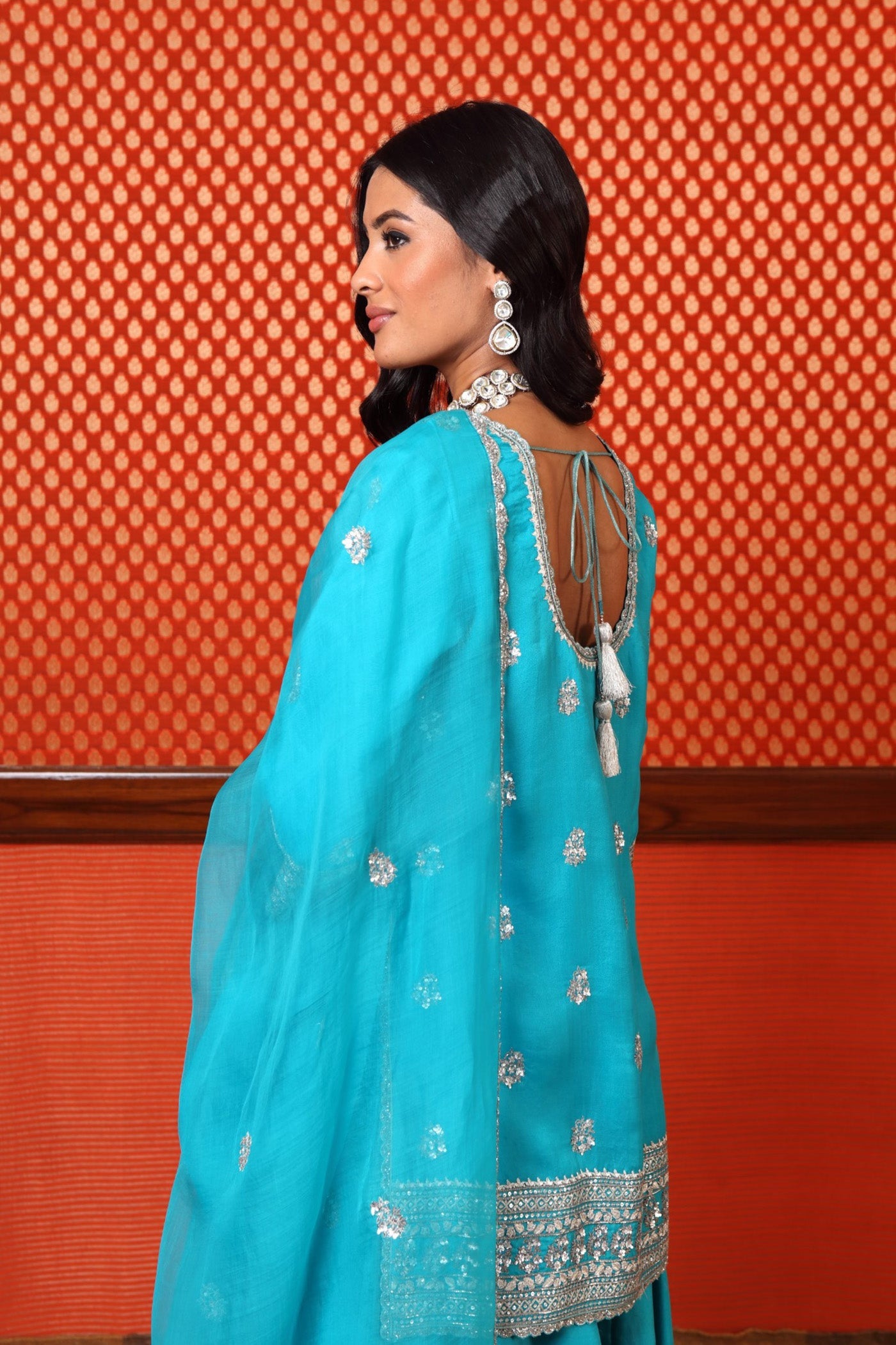 Hand Embroidered Sea Blue Pure Silk Organza Short Kurta Sharara Set