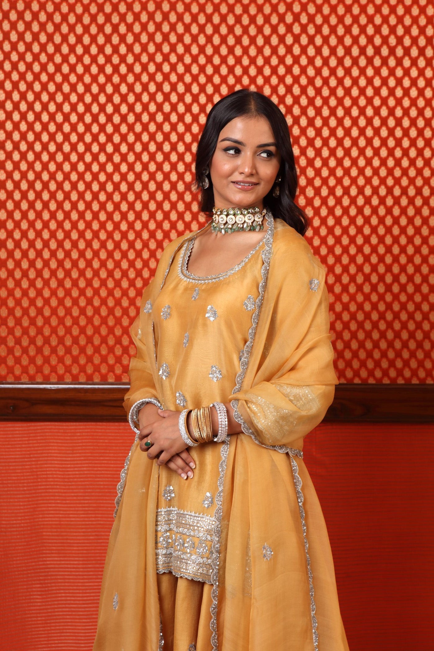 Hand Embroidered Dusty Yellow Pure Katan Silk Short Kurta Sharara Set