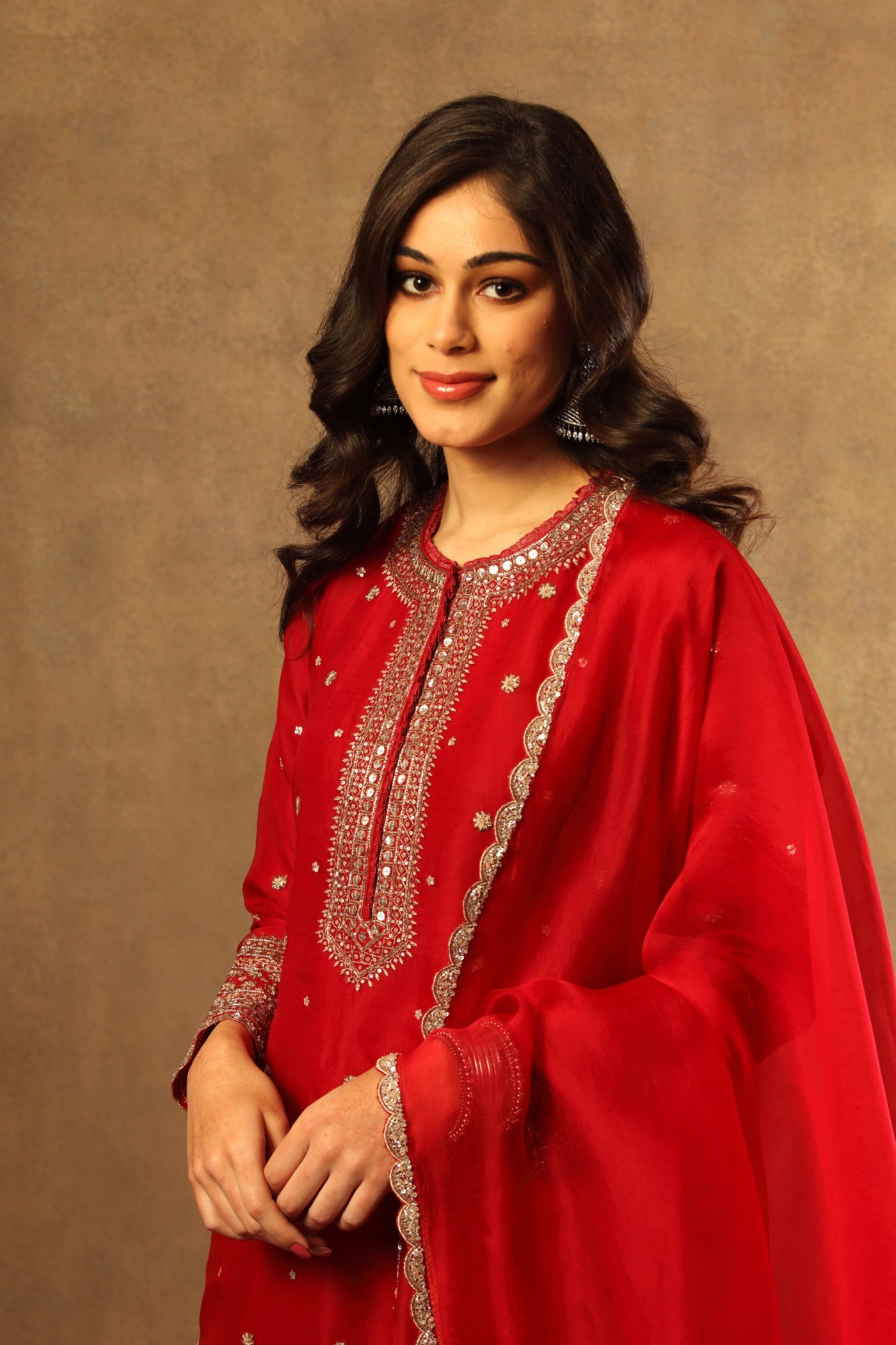 Hand Embroidered Tango Red Pure Silk Organza Long Kurta Sharara Set