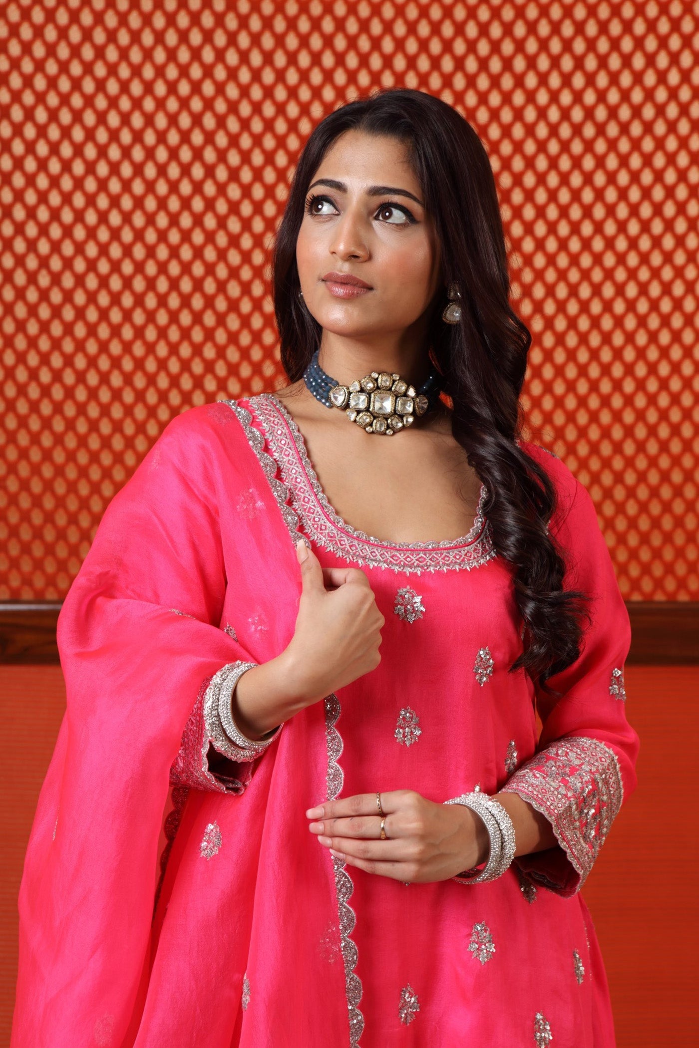 Hand Embroidered Neon Pink Pure Silk Organza Short Kurta Sharara Set