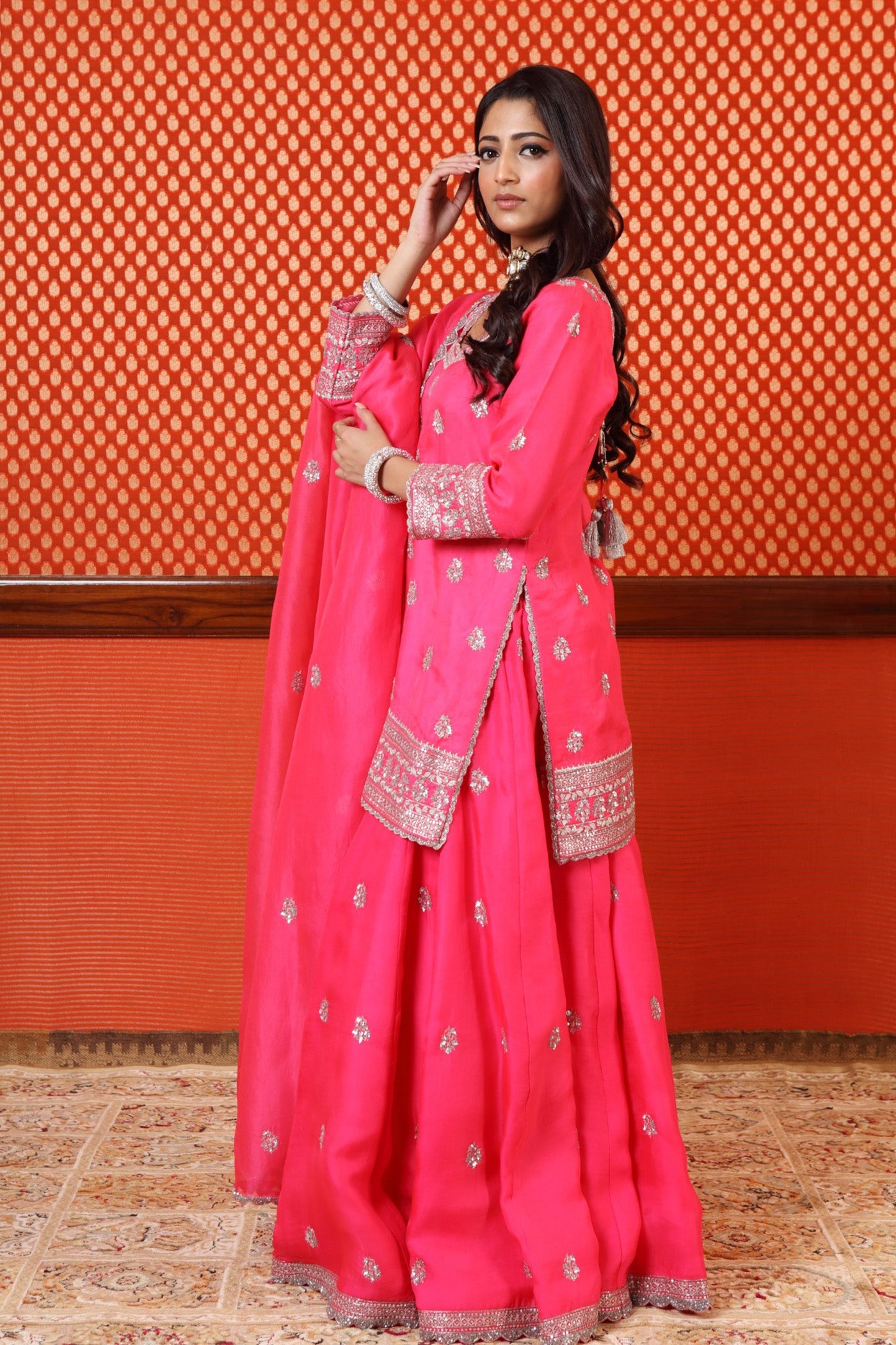 Hand Embroidered Neon Pink Pure Silk Organza Short Kurta Sharara Set