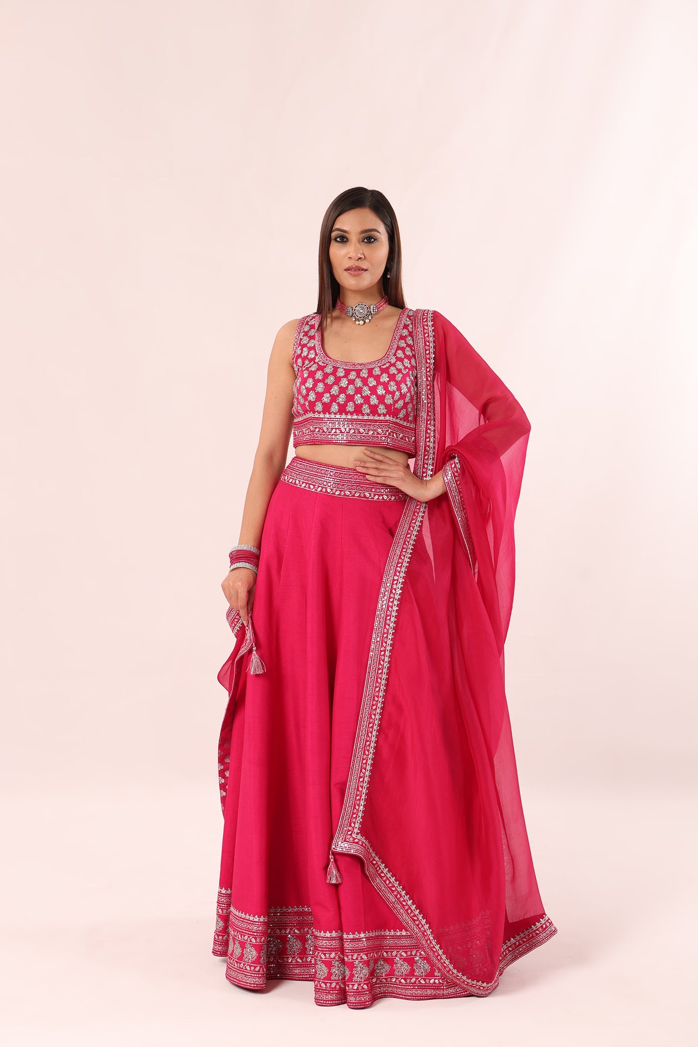 Rani-Pink Hand-Embroidered Pure Raw-Silk Lehenga-Blouse-Dupatta Set