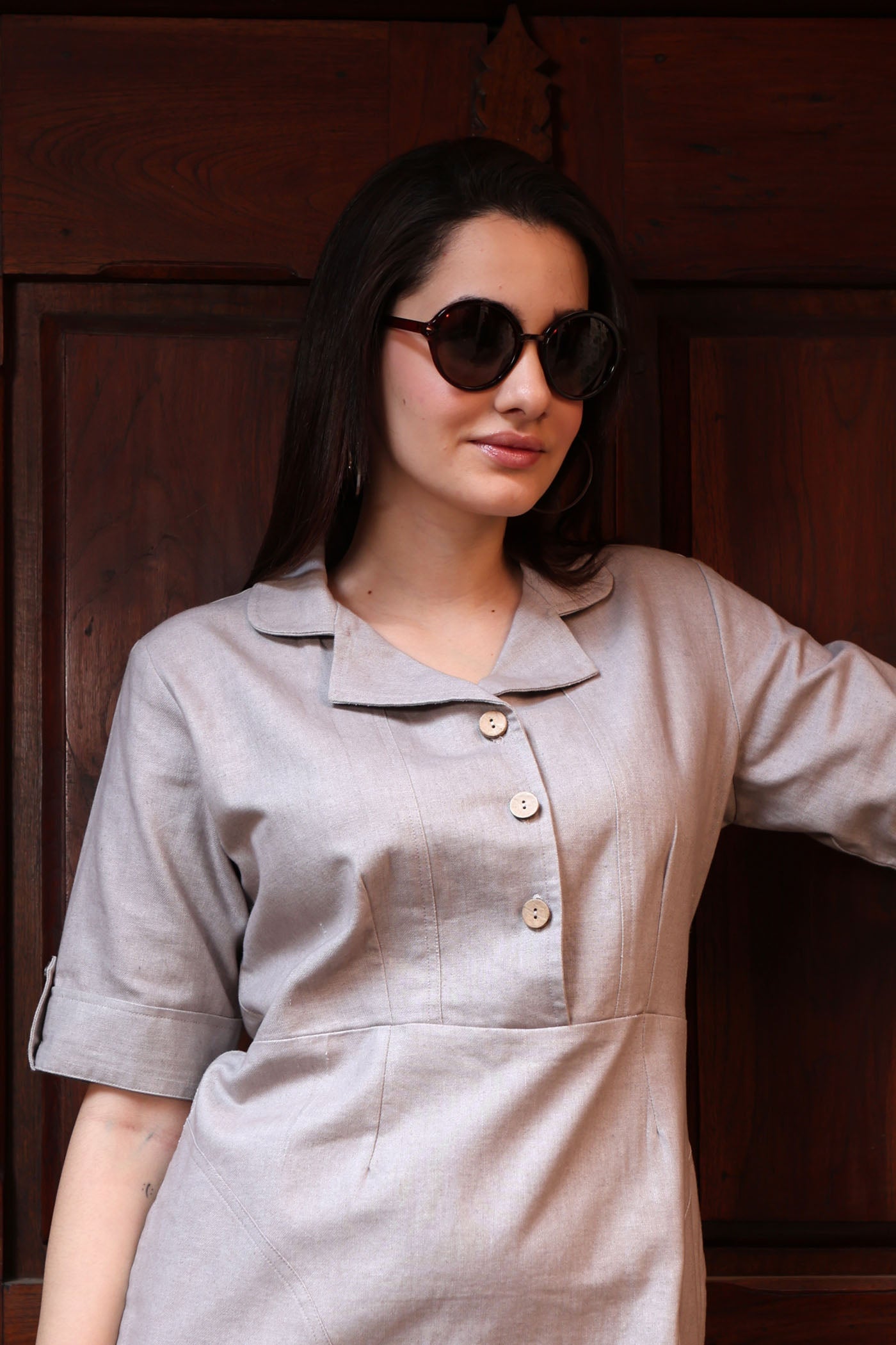 Grey Pure Linen-Cotton Collared Short Dress With Coconut Buttons & Front Pockets