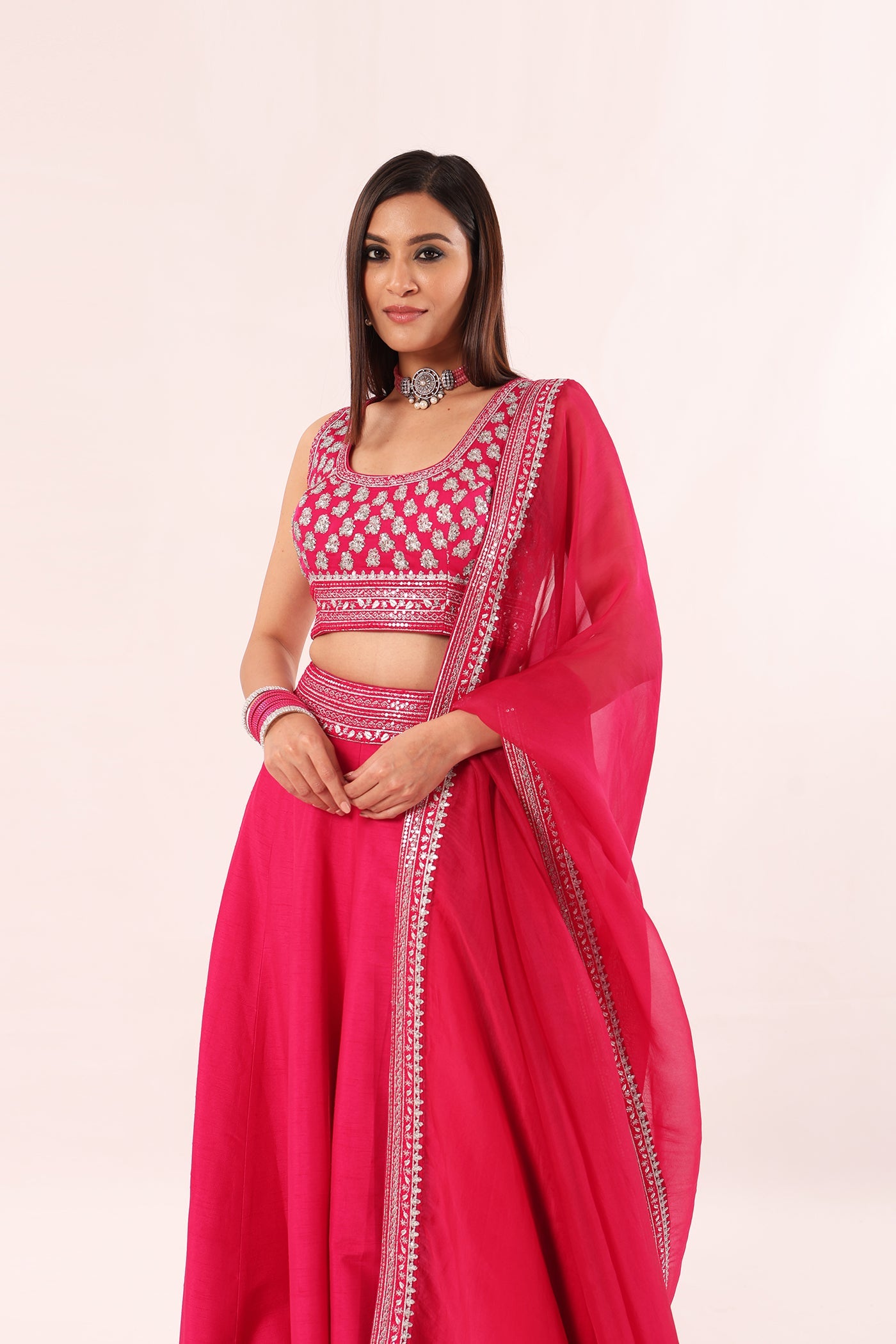 Rani-Pink Hand-Embroidered Pure Raw-Silk Lehenga-Blouse-Dupatta Set