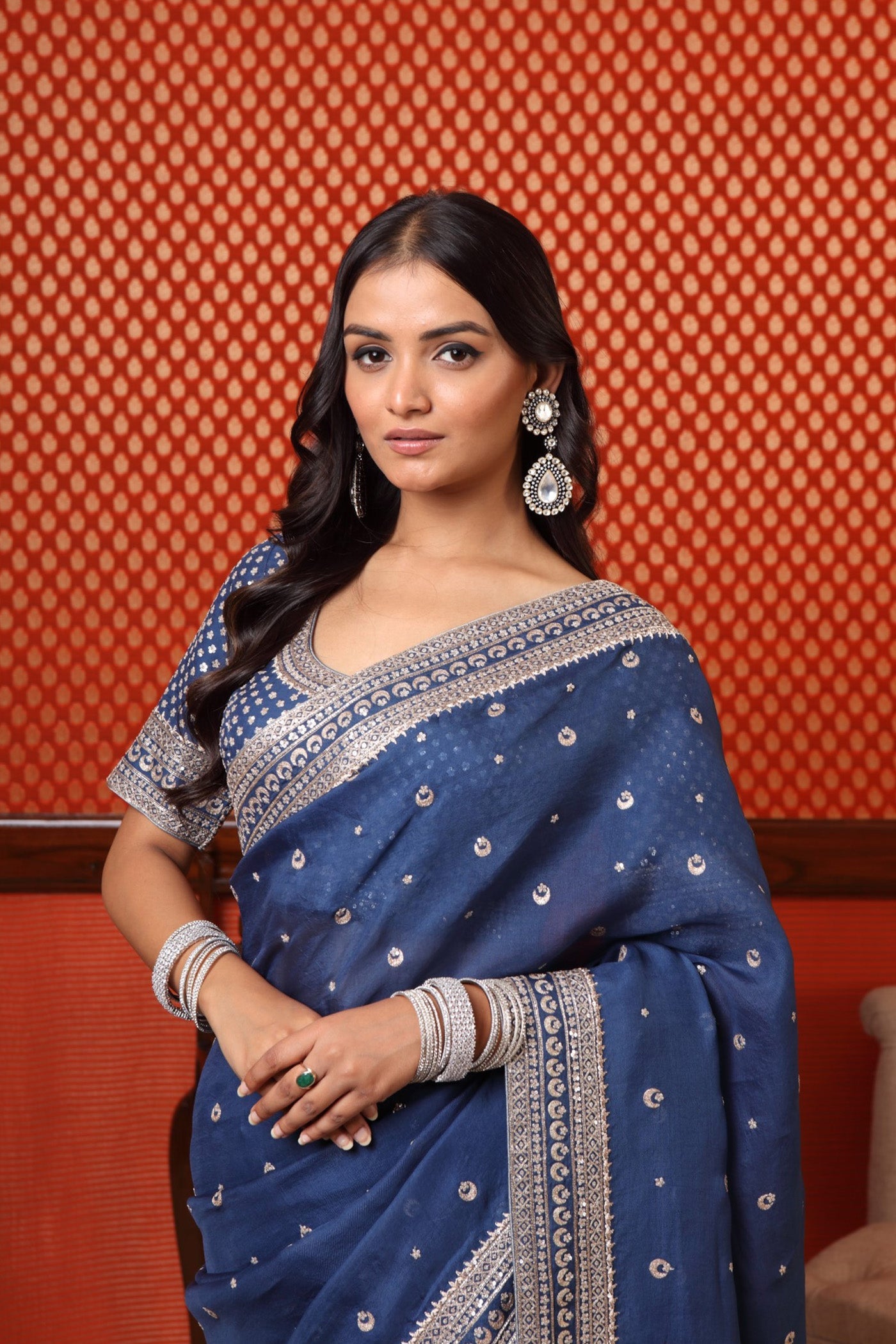 Hand Embroidered Ink Blue Pure Silk Organza Chand Buta Saree Blouse Set