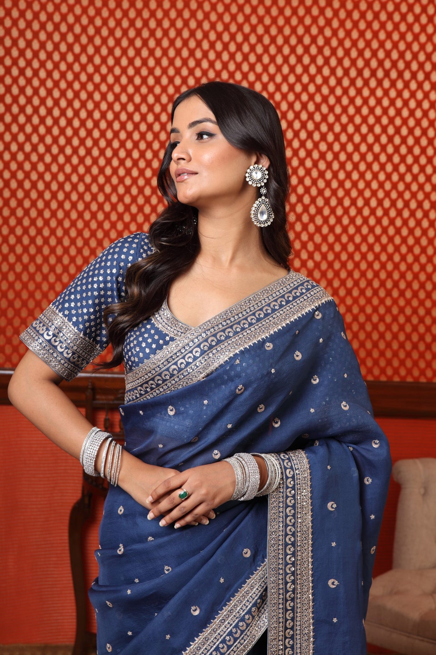 Hand Embroidered Ink Blue Pure Silk Organza Chand Buta Saree Blouse Set