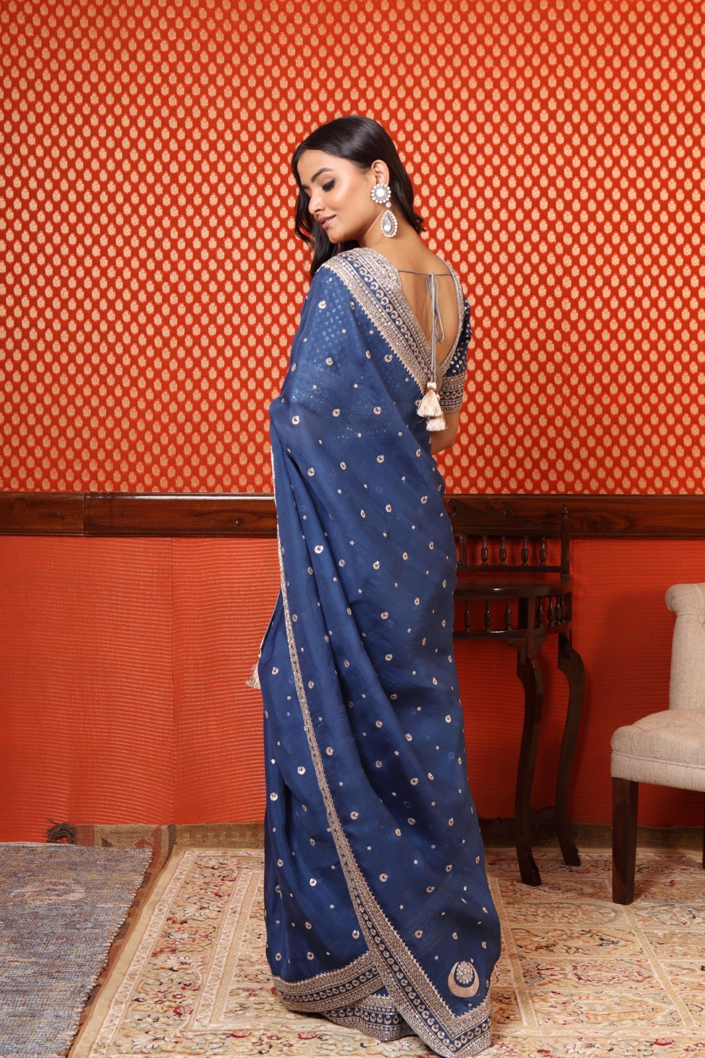 Hand Embroidered Ink Blue Pure Silk Organza Chand Buta Saree Blouse Set