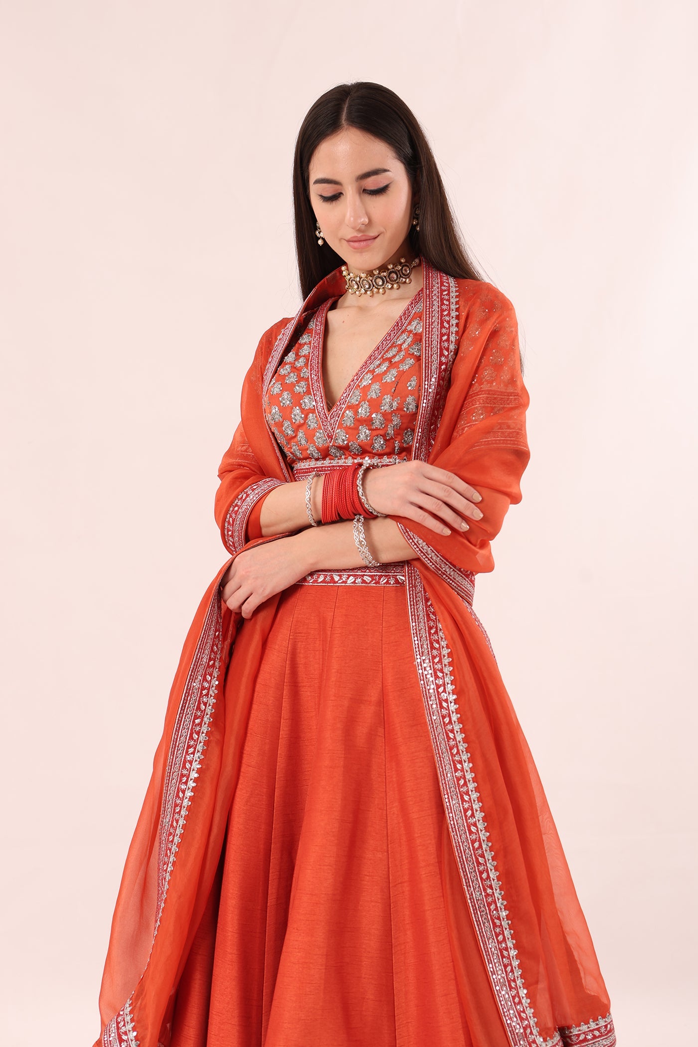 Burnt-Orange Hand-Embroidered Pure Raw-Silk Lehenga-Blouse-Dupatta Set