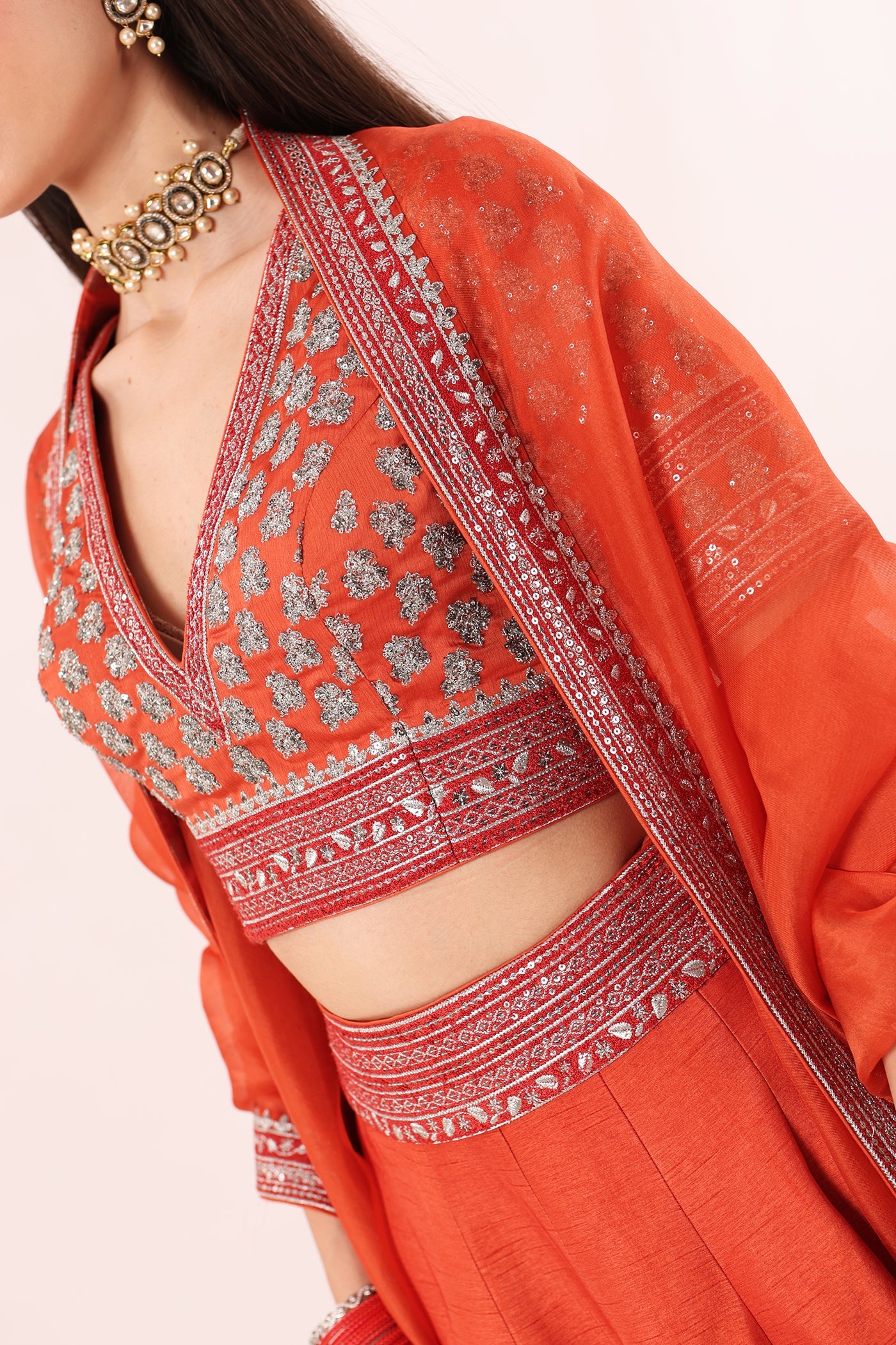 Burnt-Orange Hand-Embroidered Pure Raw-Silk Lehenga-Blouse-Dupatta Set
