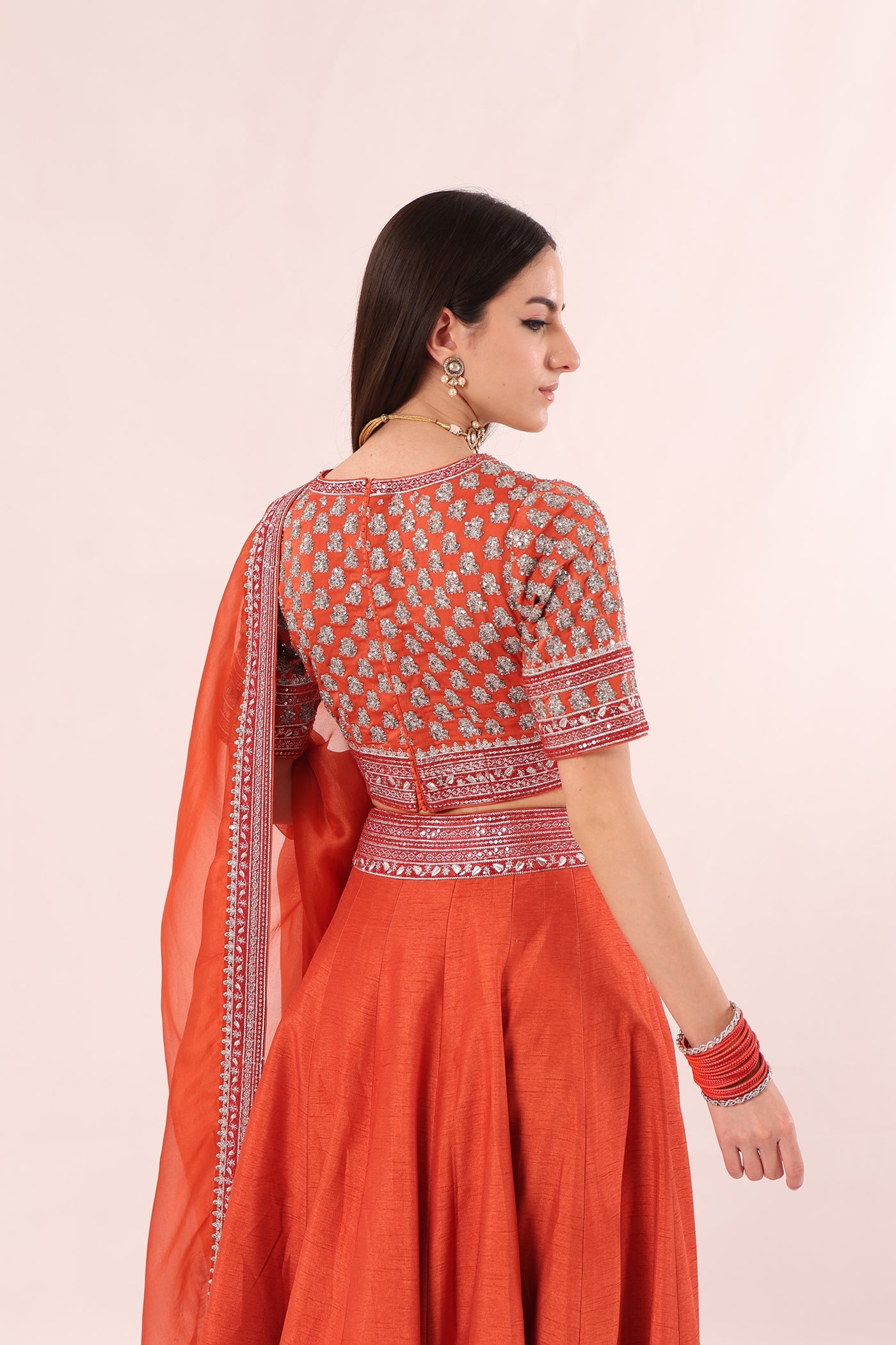 Burnt-Orange Hand-Embroidered Pure Raw-Silk Lehenga-Blouse-Dupatta Set