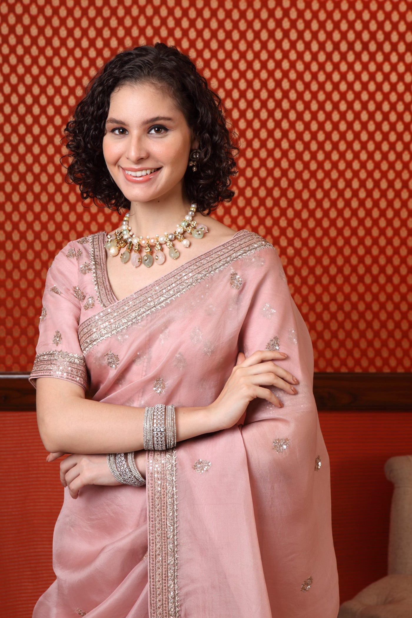 Hand Embroidered Dusty Pastel Rose Pure Silk Organza Saree Blouse Set