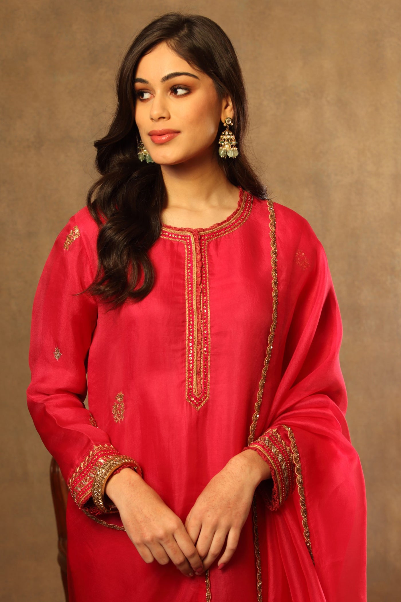 Hand Embroidered Fuchsia Pink Pure Silk Organza Kurta Pants Set