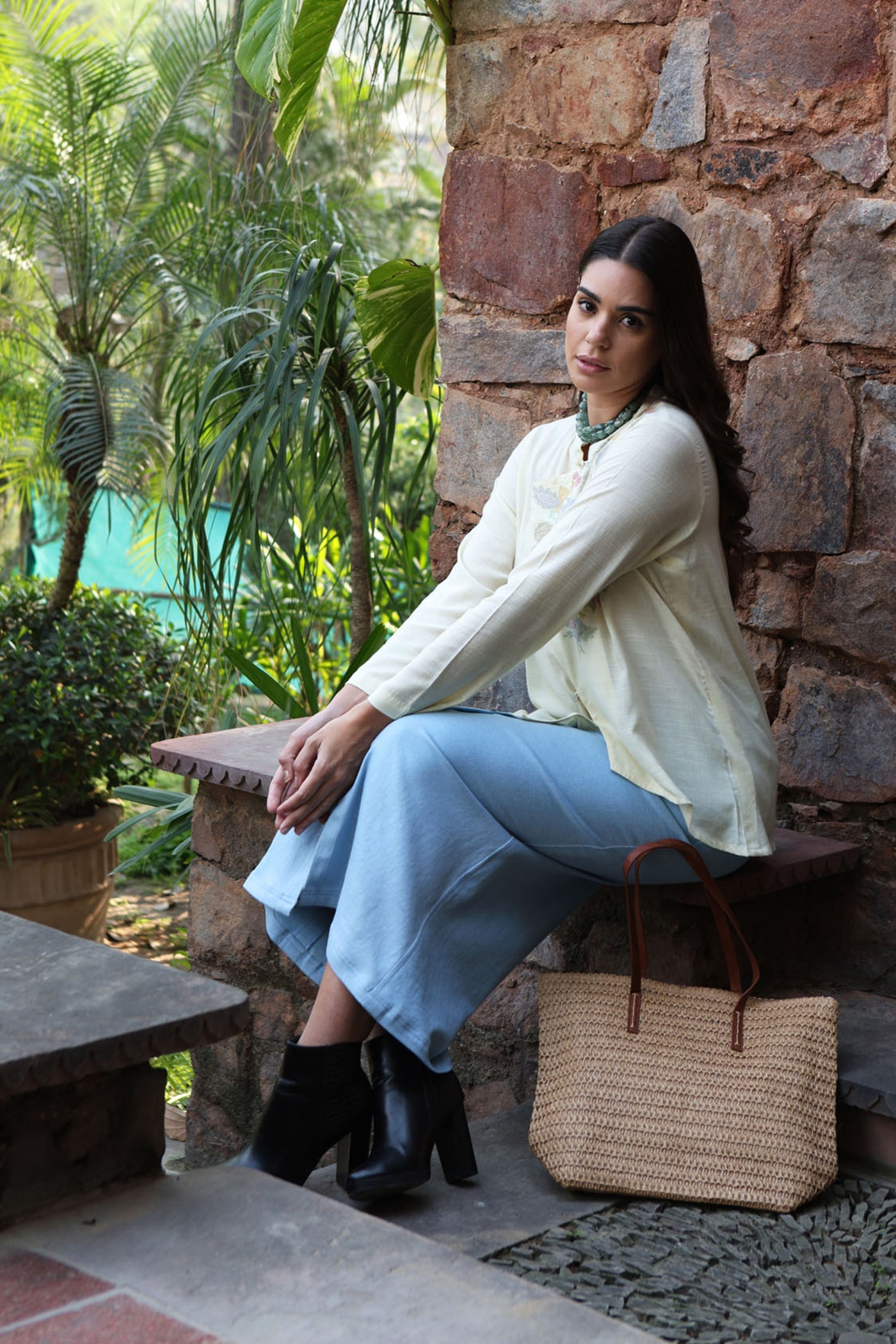 Pastel-Yellow Embroidered (Applique & Cutwork) Pure Cotton Band-Collared Short-Blouse With An Asymmetrical Front Opening