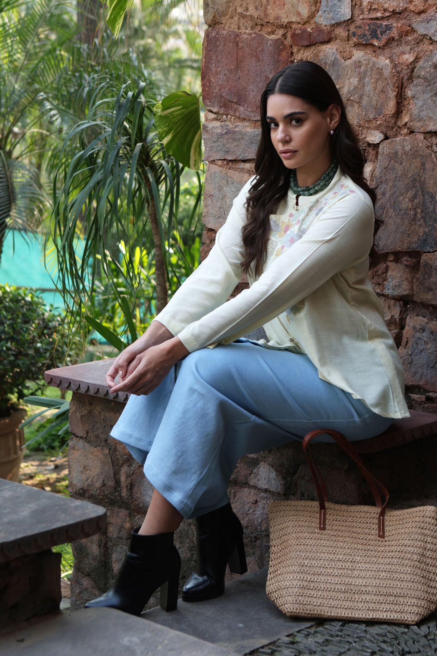 Pastel-Yellow Embroidered (Applique & Cutwork) Pure Cotton Band-Collared Short-Blouse With An Asymmetrical Front Opening