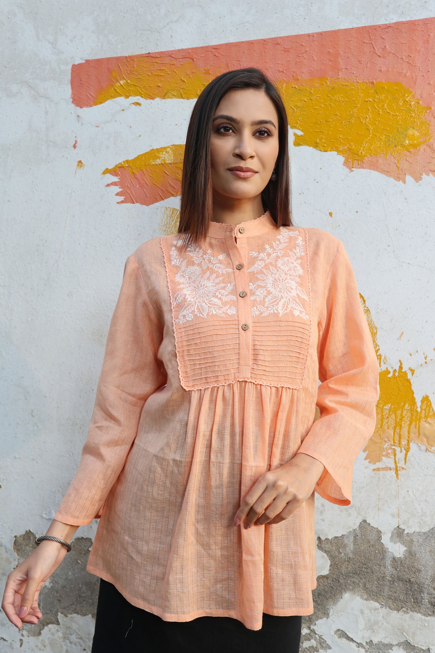 Musk-Melon Peach Pure Linen (With Metallic Checks & Stripes) Band-Collared Short-Blouse With A Pintucked & Embroidered Yoke