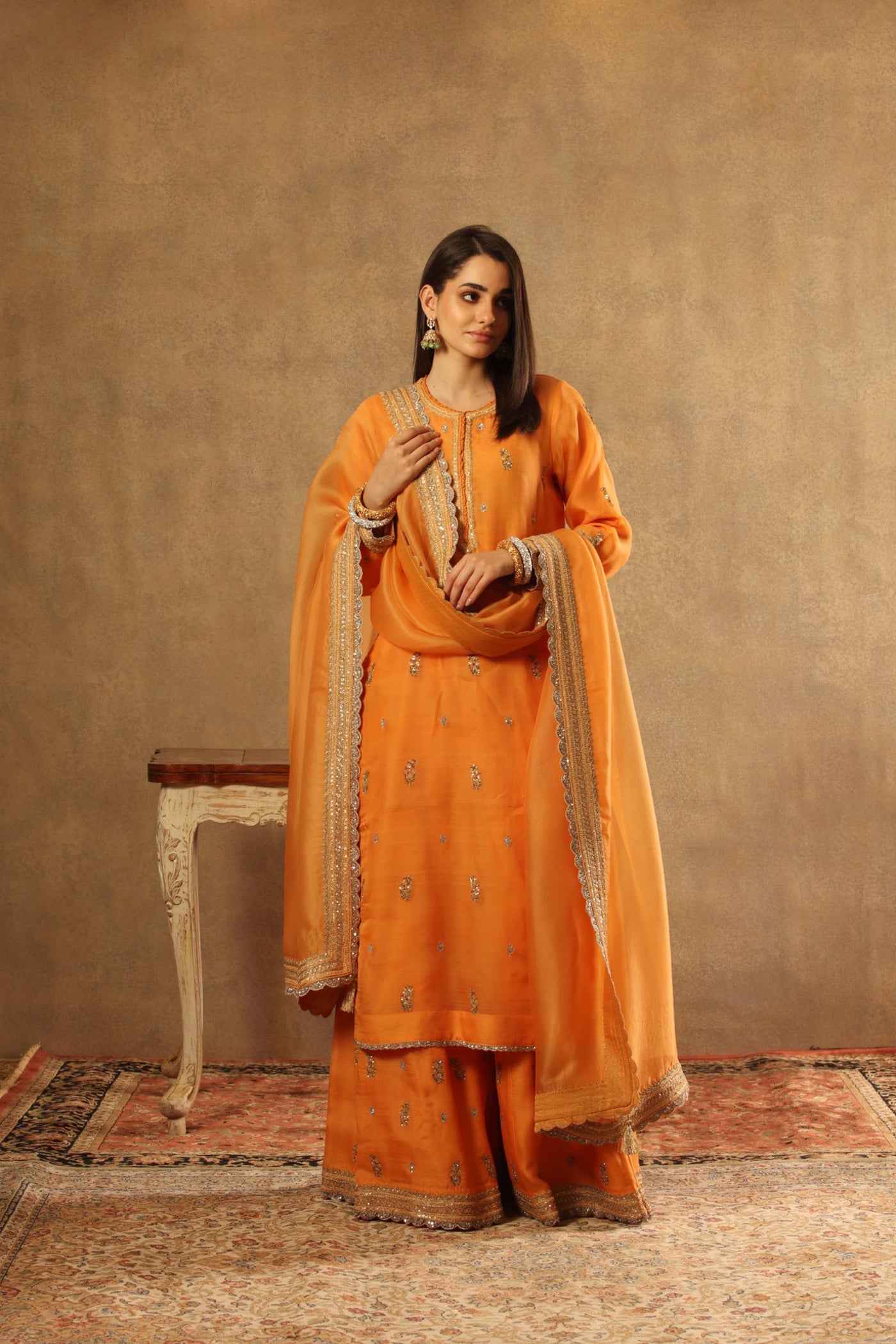 Hand Embroidered Carmine Pink Pure Katan Silk Long Kurta Sharara Set