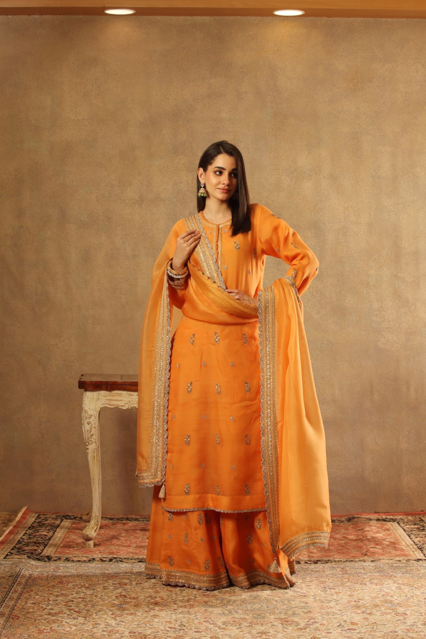 Hand Embroidered Carmine Pink Pure Katan Silk Long Kurta Sharara Set