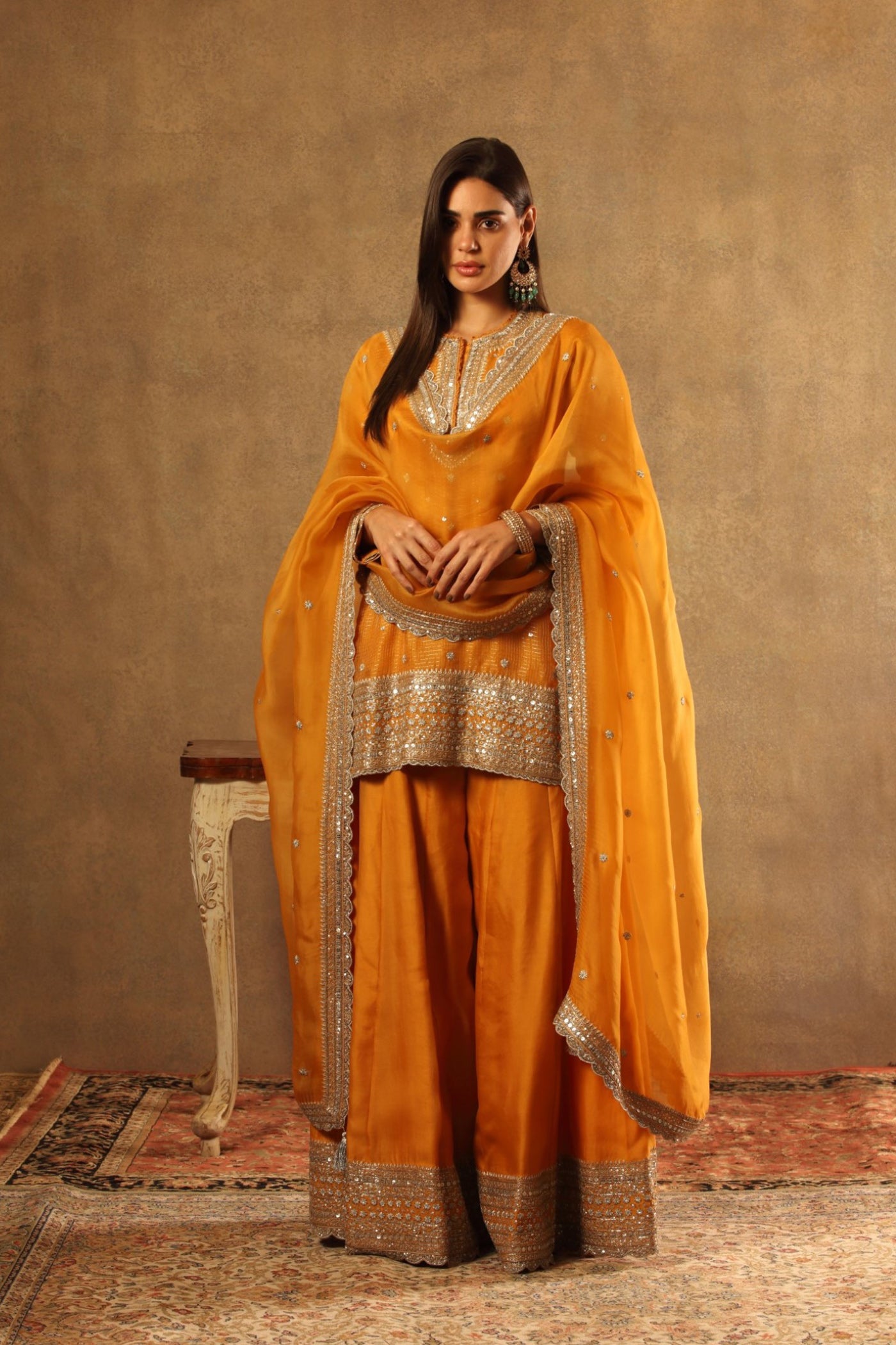 Hand Embroidered Mango Yellow Pure Silk Organza Kurta Sharara Set