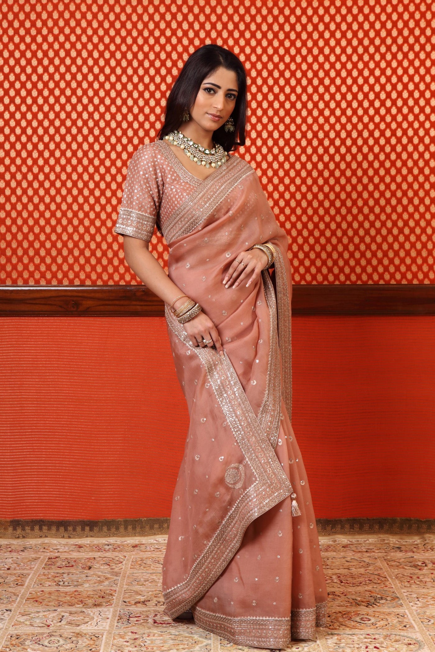 Hand Embroidered Rose Brown Pure Silk Organza Chand Buta Saree Blouse Set