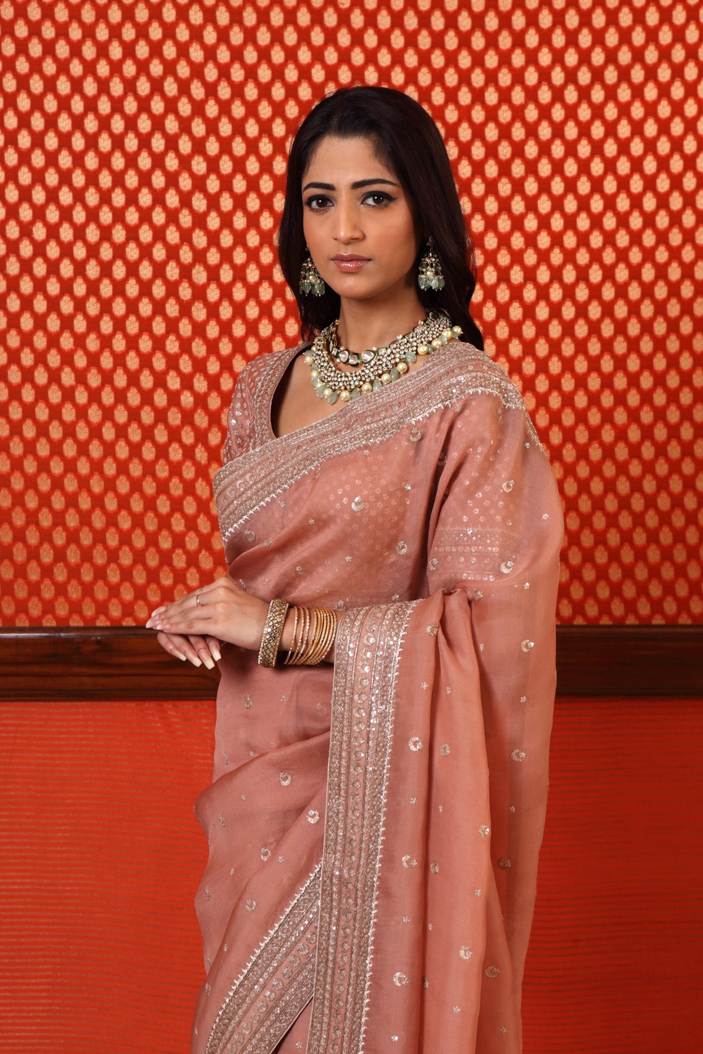 Hand Embroidered Rose Brown Pure Silk Organza Chand Buta Saree Blouse Set