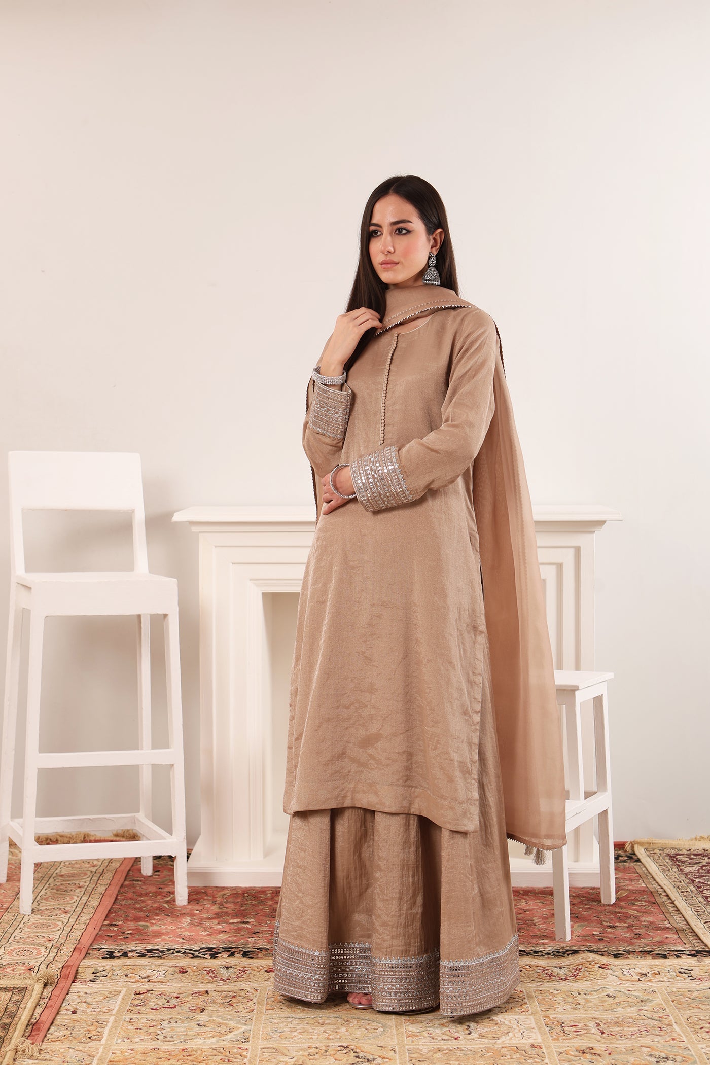 Smoky-Brown Embroidered Pure Silk-Cotton Tissue Long-Kurta-Sharara Set