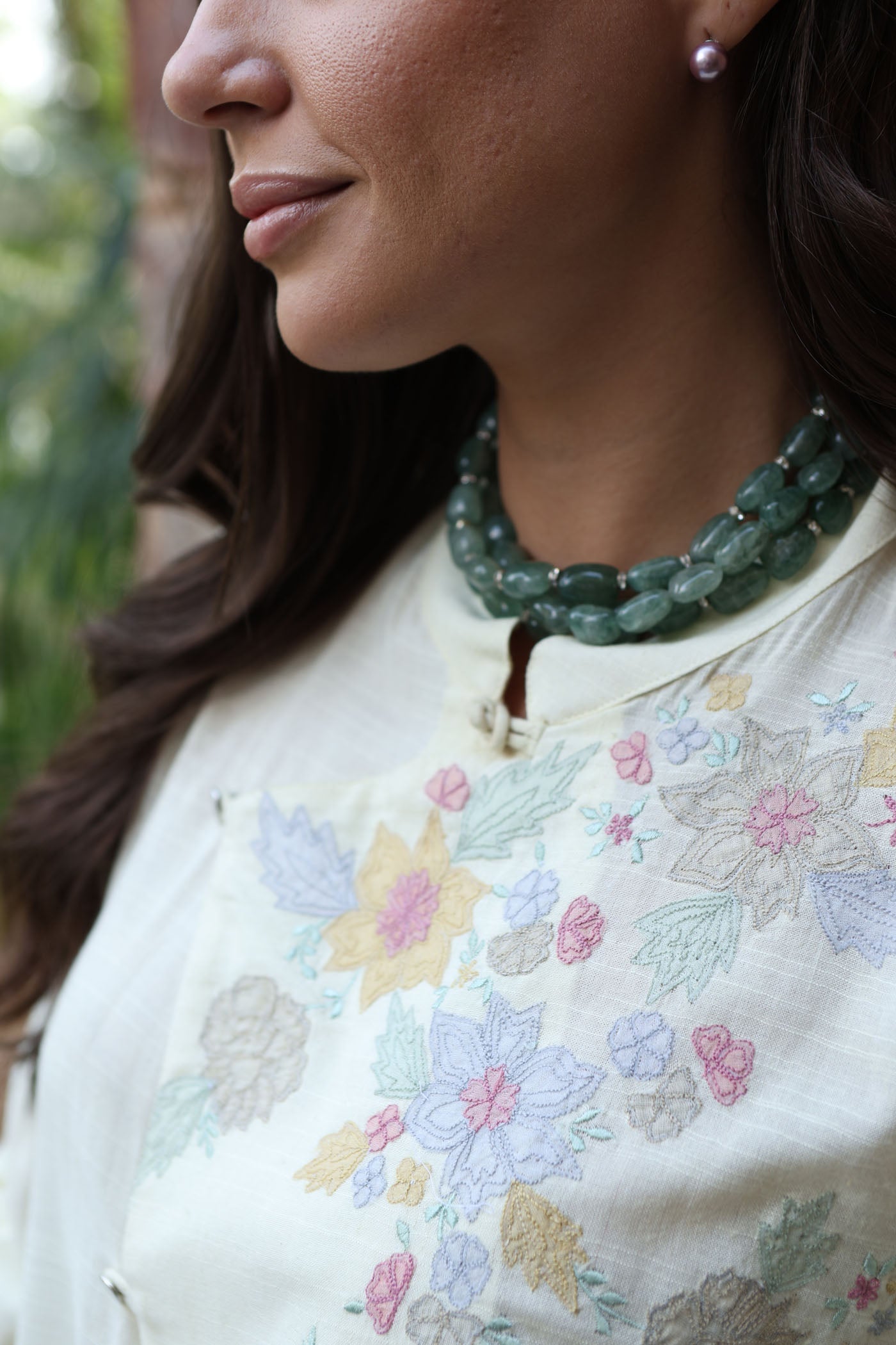 Pastel-Yellow Embroidered (Applique & Cutwork) Pure Cotton Band-Collared Short-Blouse With An Asymmetrical Front Opening