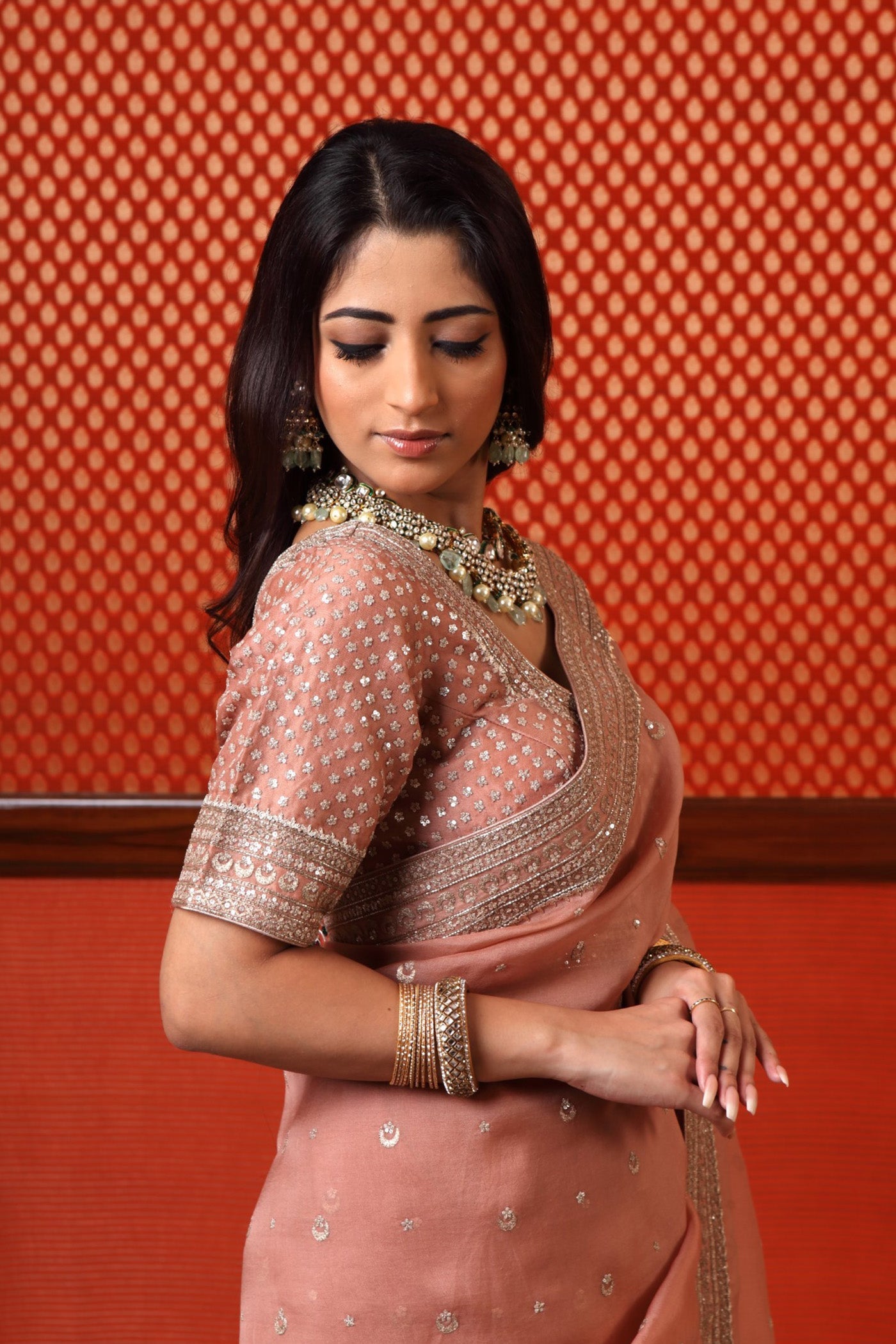 Hand Embroidered Rose Brown Pure Silk Organza Chand Buta Saree Blouse Set