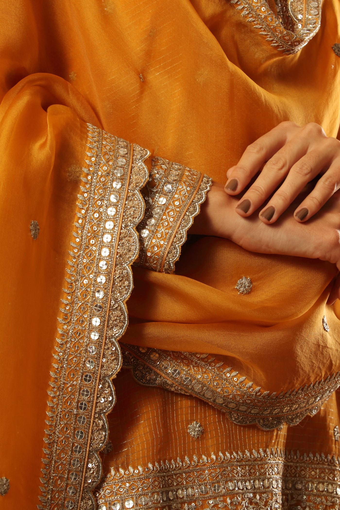 Hand Embroidered Mango Yellow Pure Silk Organza Kurta Sharara Set