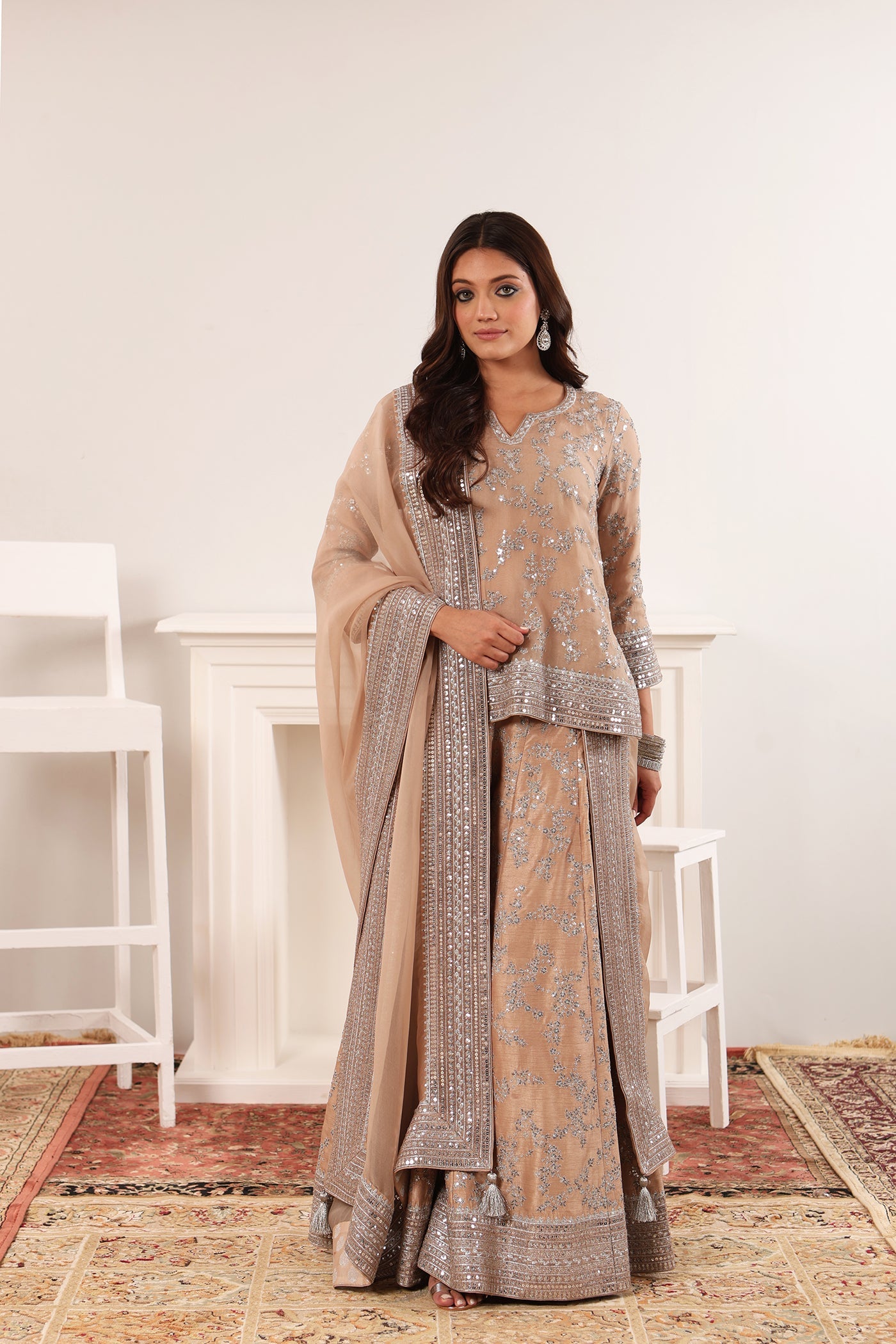 Sand-Beige Embroidered Pure Silk-Organza Short-Kurta-Sharara Set