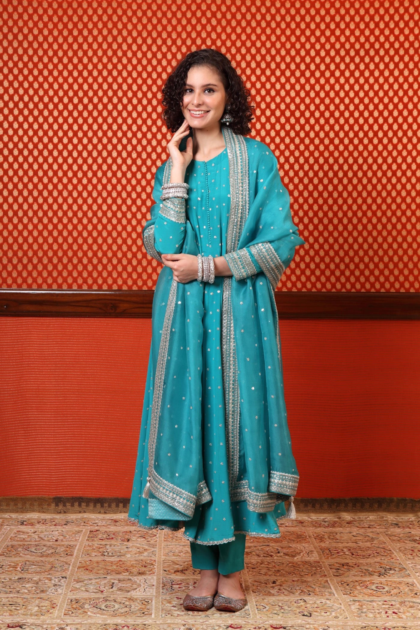 Hand Embroidered Sea Blue Pure Crepe Silk Anarkali Pants Set