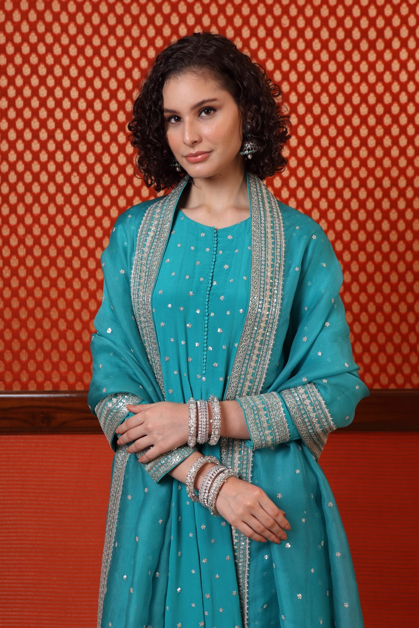 Hand Embroidered Sea Blue Pure Crepe Silk Anarkali Pants Set