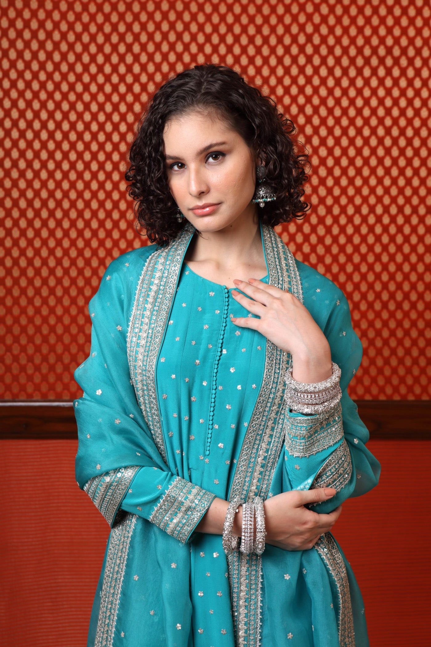 Hand Embroidered Sea Blue Pure Crepe Silk Anarkali Pants Set