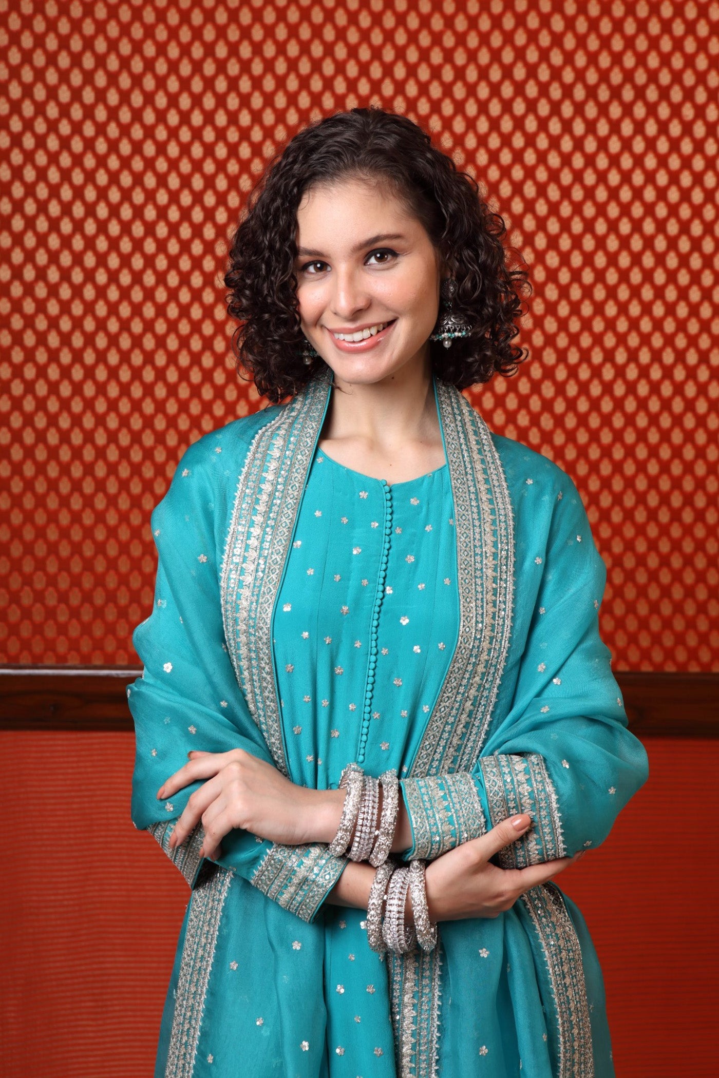 Hand Embroidered Sea Blue Pure Crepe Silk Anarkali Pants Set