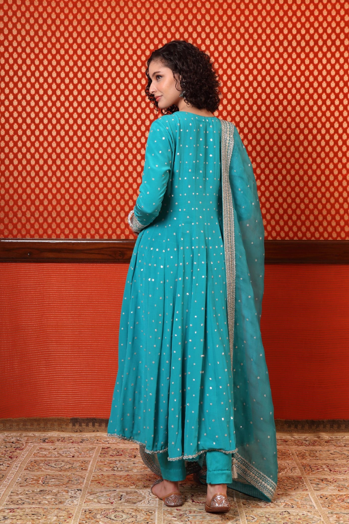 Hand Embroidered Sea Blue Pure Crepe Silk Anarkali Pants Set