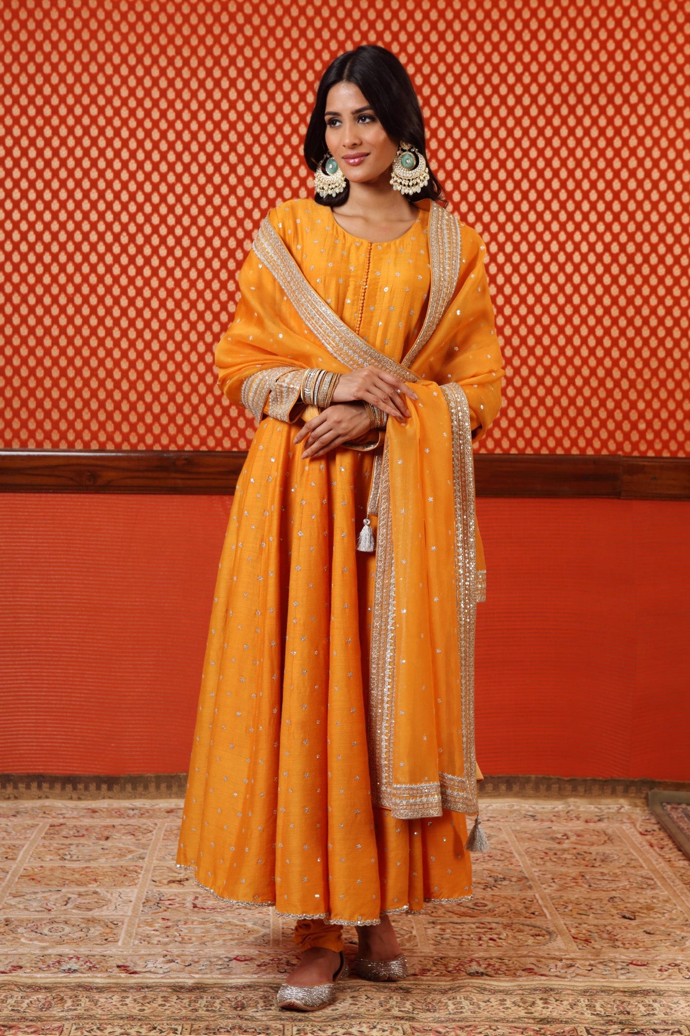 Hand Embroidered Mango Yellow Pure Muga Silk Anarkali Churidaar Set