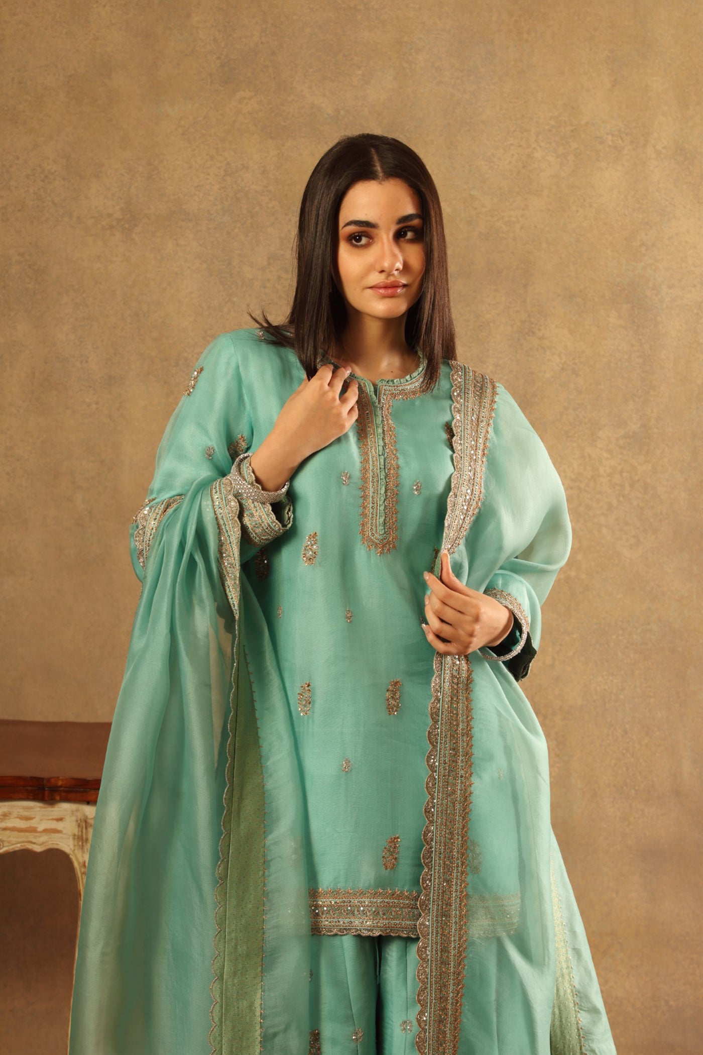 Hand Embroidered Pool Blue Pure Silk Organza Short Kurta Sharara Set